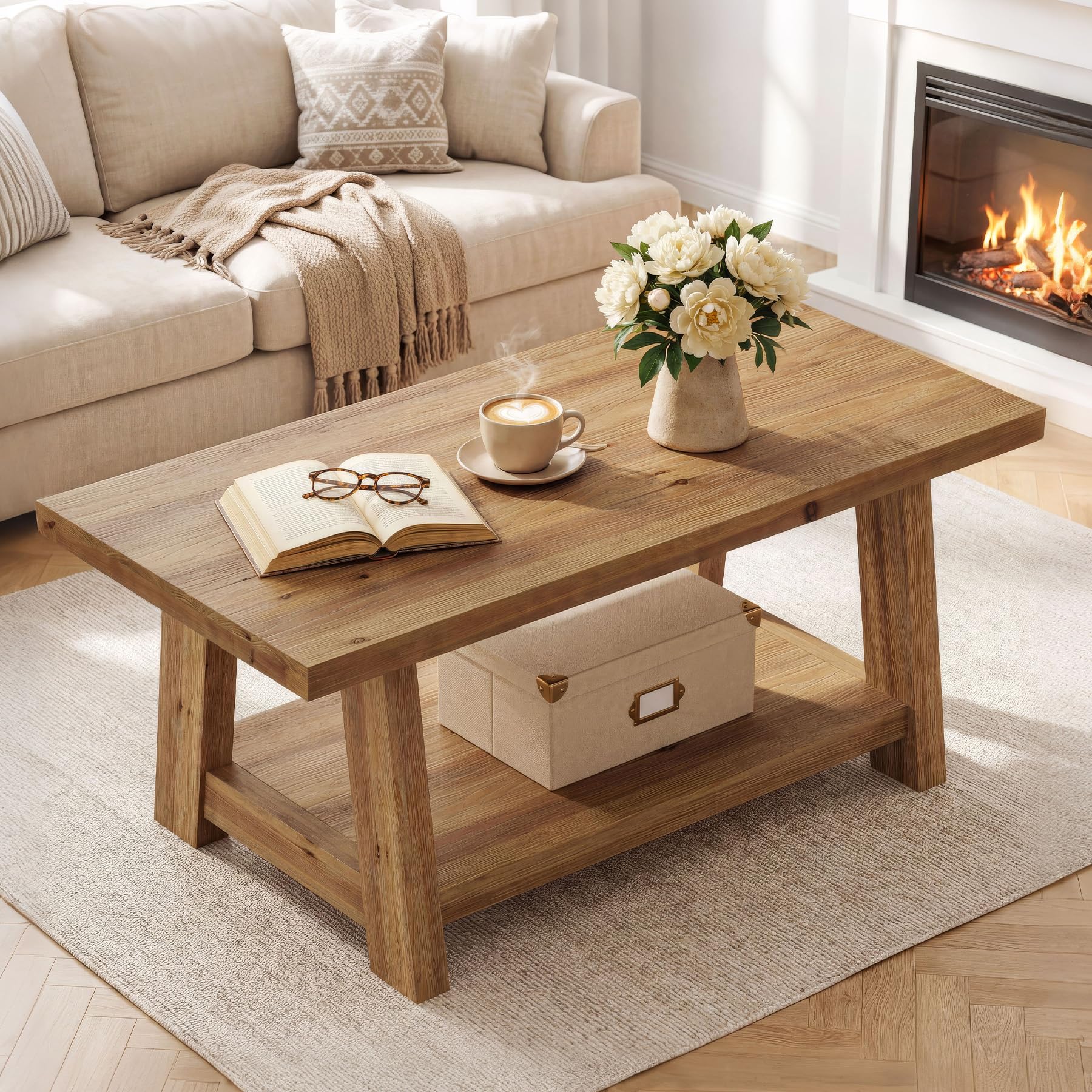 TRIBEWOOD Solid Wood Coffee Table 2-Tier Rectangle Accent Center Table