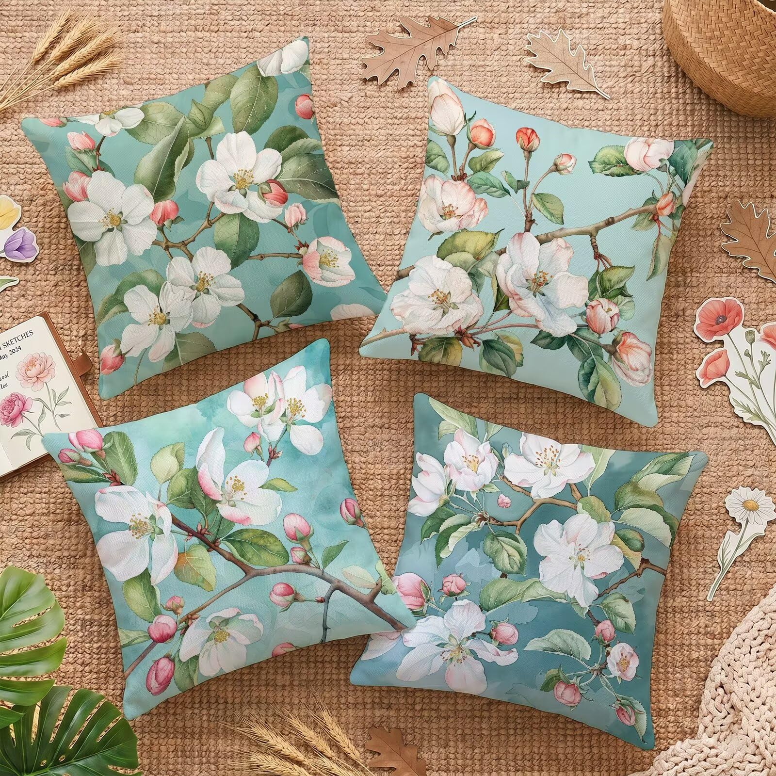 Housse de coussin 65x65cm lot de 4 en lin imperméable pour canapé et extérieur fleur de printemps