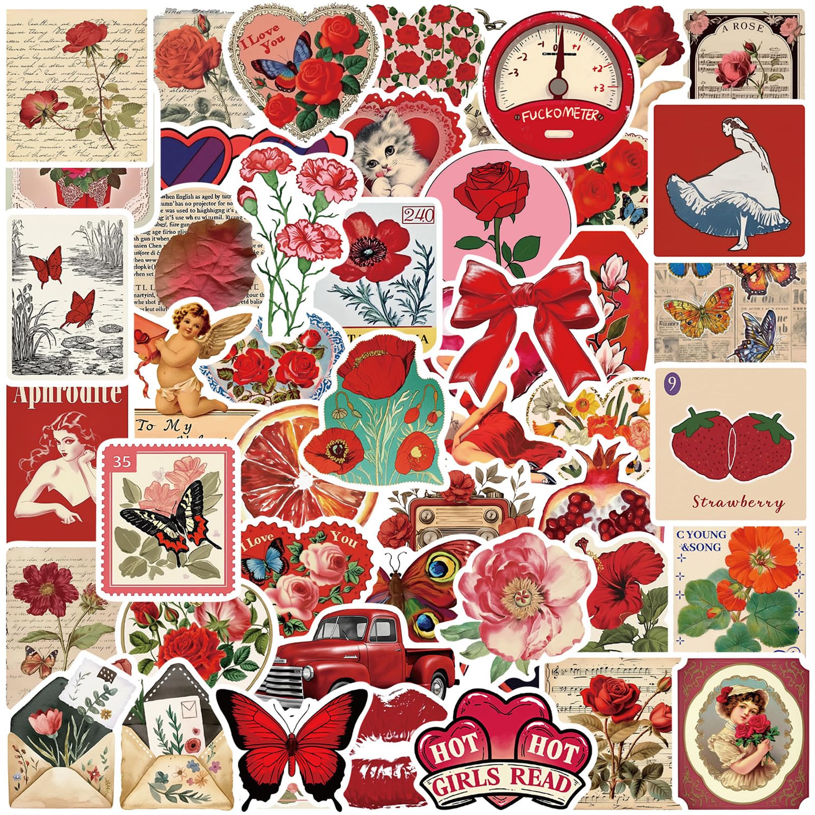 Retro Red Aesthetic Scrapbook Stickers Vintage Floral and Graphic Style Matte Vinyl for Journalling Luggage Laptops and Bottles Decorative Decals for Teens Adults Creative Users - Image 2