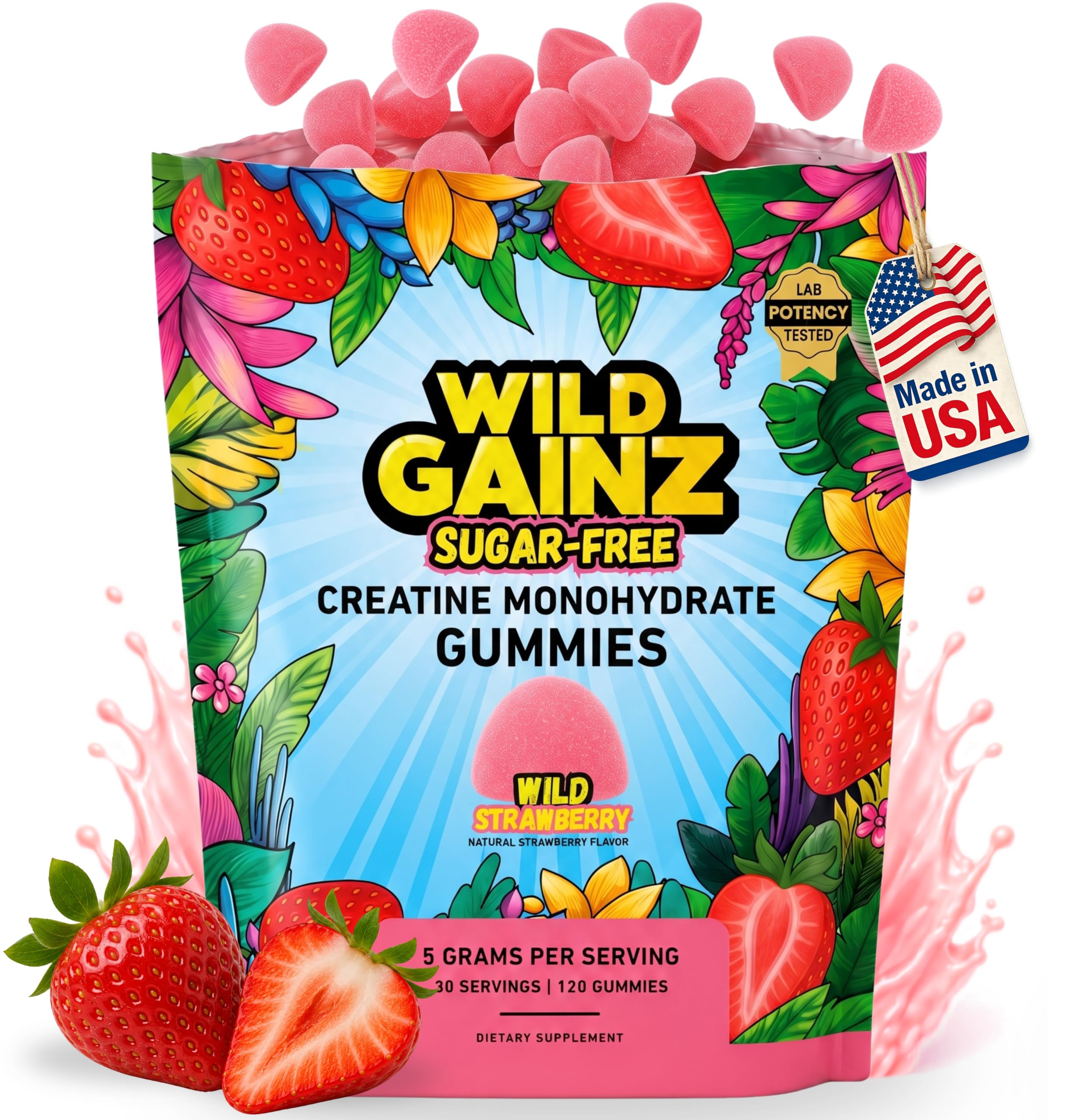 WILD GAINZ Creatina em Gomas, Creatina Monohidratada 5 g, Sabor Morango, 120 gomas