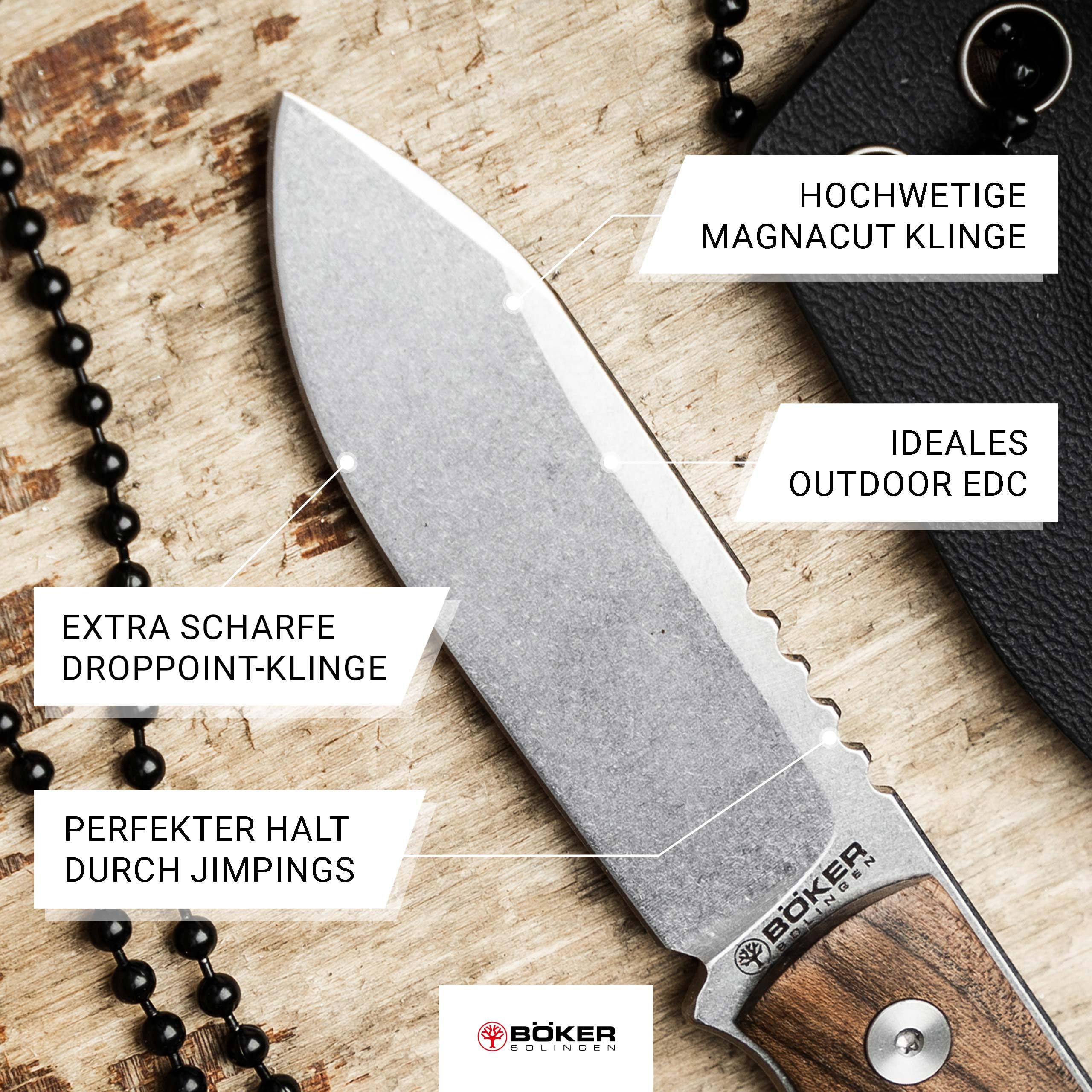 Böker SOLINGEN® BFF Packlite Walnuss – EDC Neck Knife mit feststehender 6,5 cm Klinge – Skelett-Messer extra leicht mit Holz-Griff - Halsmesser handgemacht mit Kydex-Scheide – Made in Germany