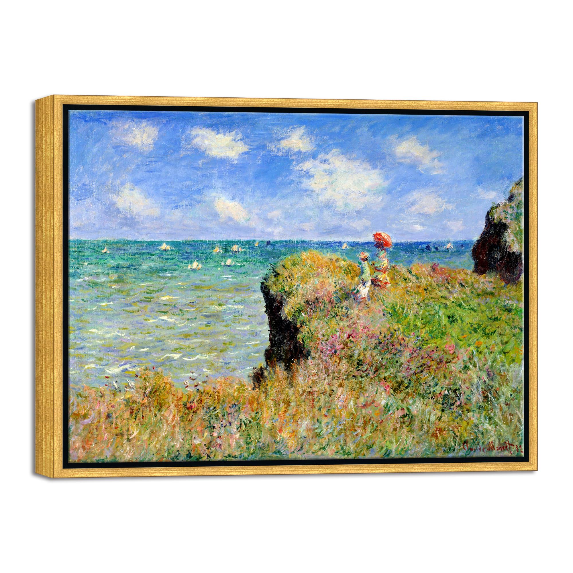 Wieco Art Framed Canvas Print Wall Art Cliff Walk at Pourville,1882 by Claude Monet Mondern Classic Art Print Picture for living room Home Decorations Bronze Gold Frame