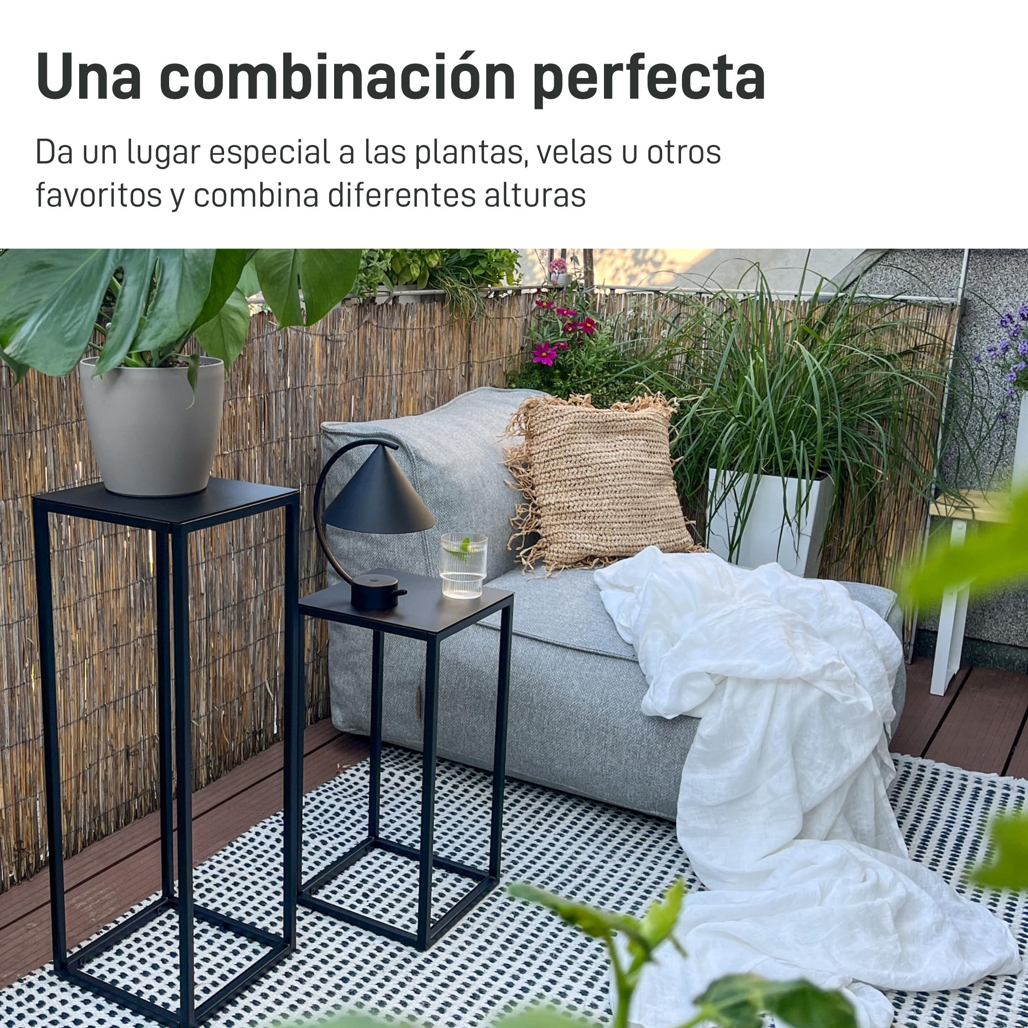 Natural Goods Berlin 1x soporte para plantas RECHTECK, taburete flor metal angular, interior y exterior, columna flor, mesa auxiliar exterior, resistente a la intemperie (Negro, 50cm)