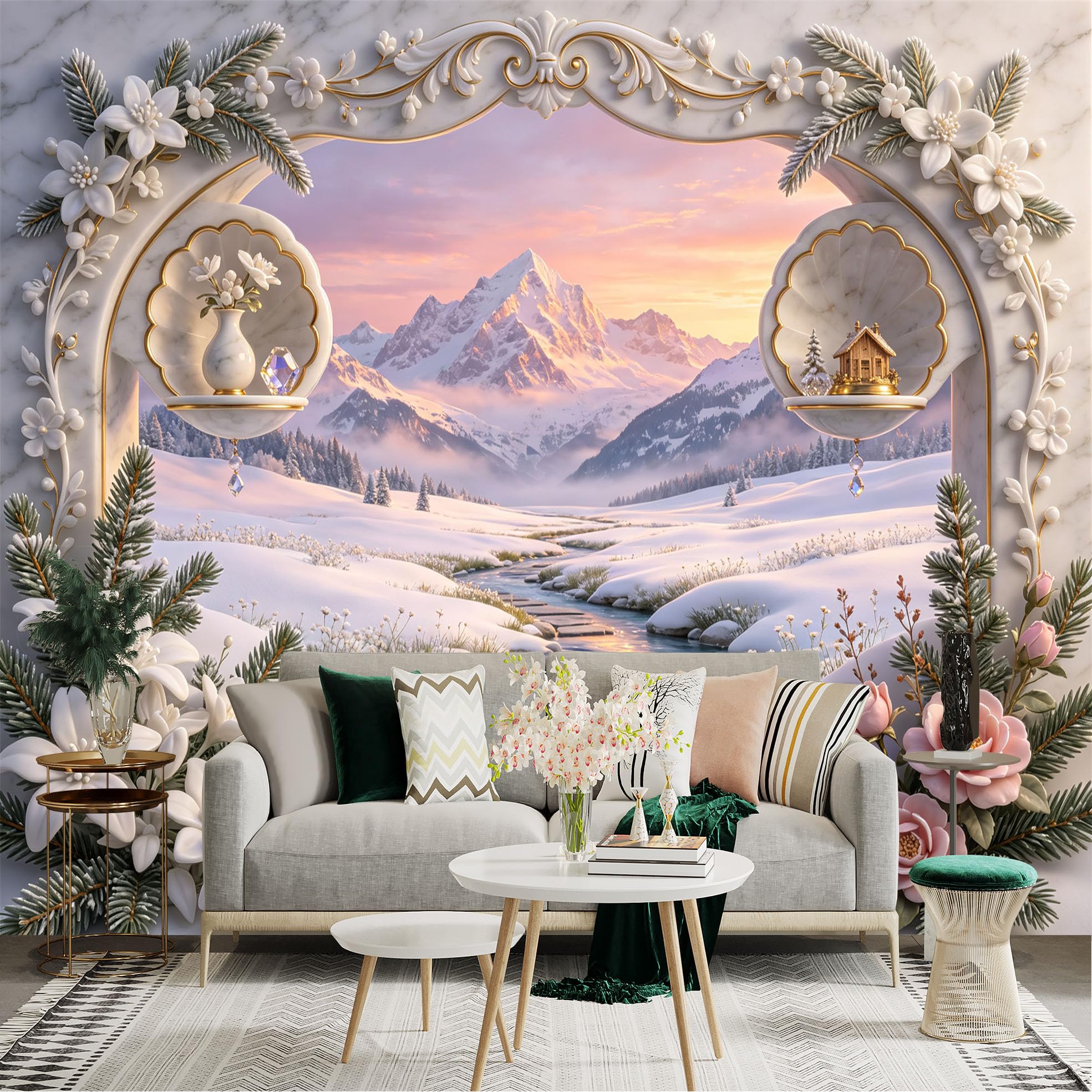 Lnzczhyre Bh260719142 Custom Size Wall Sticker Mural， Snowy Mountain Landscape， Elegant Marble Archway， Pink Flowers And Winter Scenery， For Wall Decoration， Peelandstick Wall Decals.