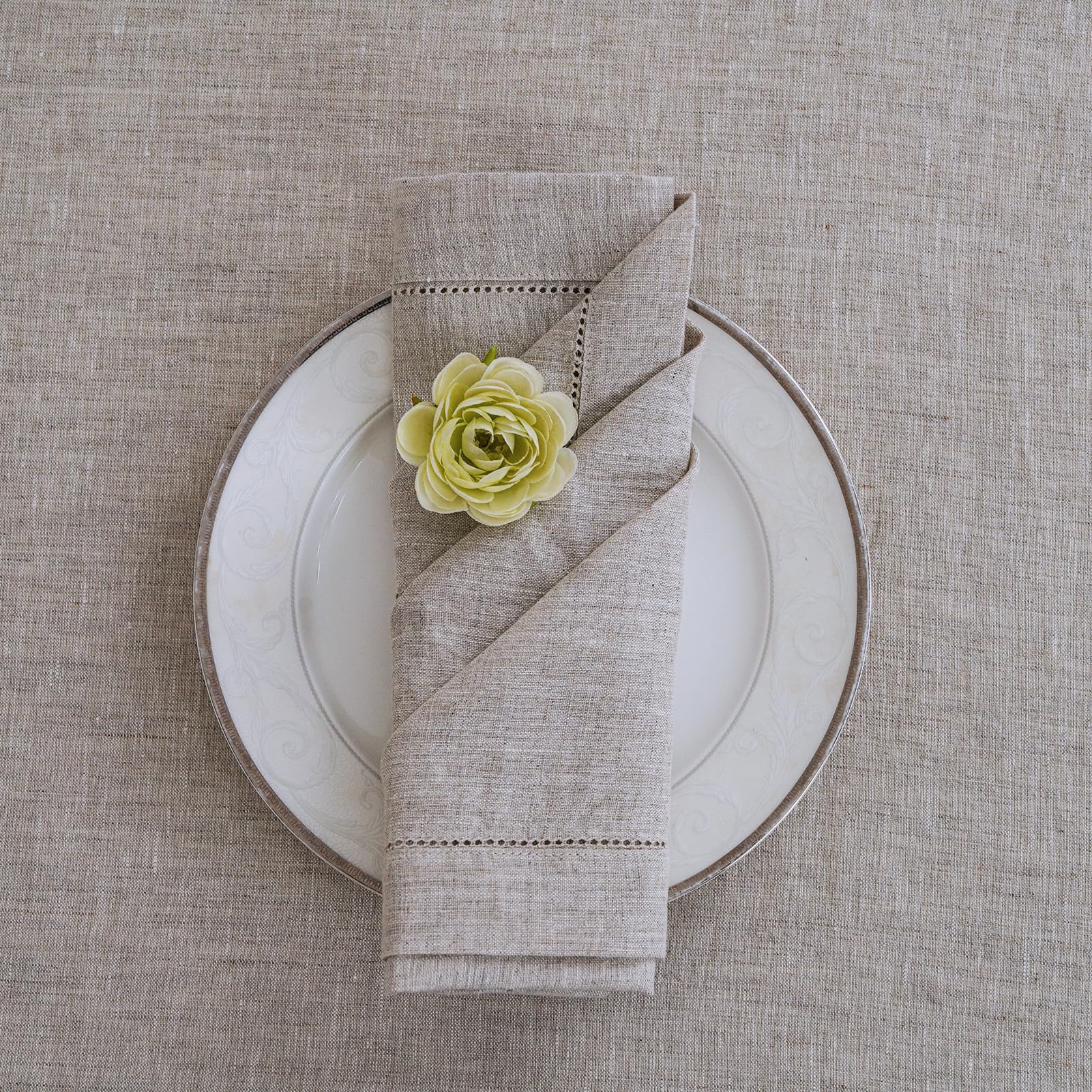 EratinseLinen Napkins 18" x 18", Crafted from European Flax, Linen Napkins Set of 6, Washable, Reusable, Hemstitch Linen Napkins Ideal for Parties, Weddings and Dinners, Linen/Beige