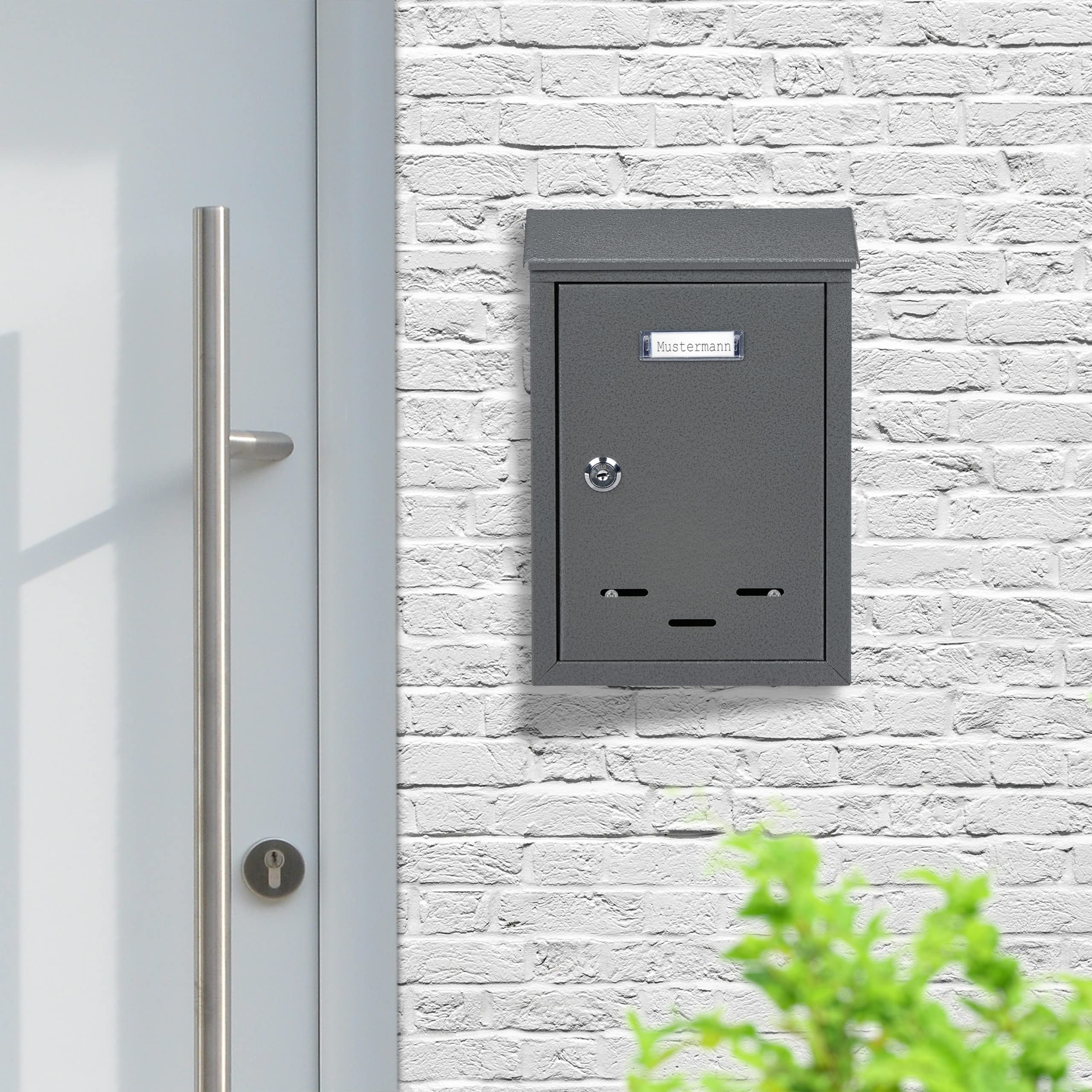 Relaxdays Buzón Pared Vertical, Placa para Nombres, Metal, con 2 Llaves, de Exterior, Estrecho, 30,5 x 21 x 7 cm, Gris