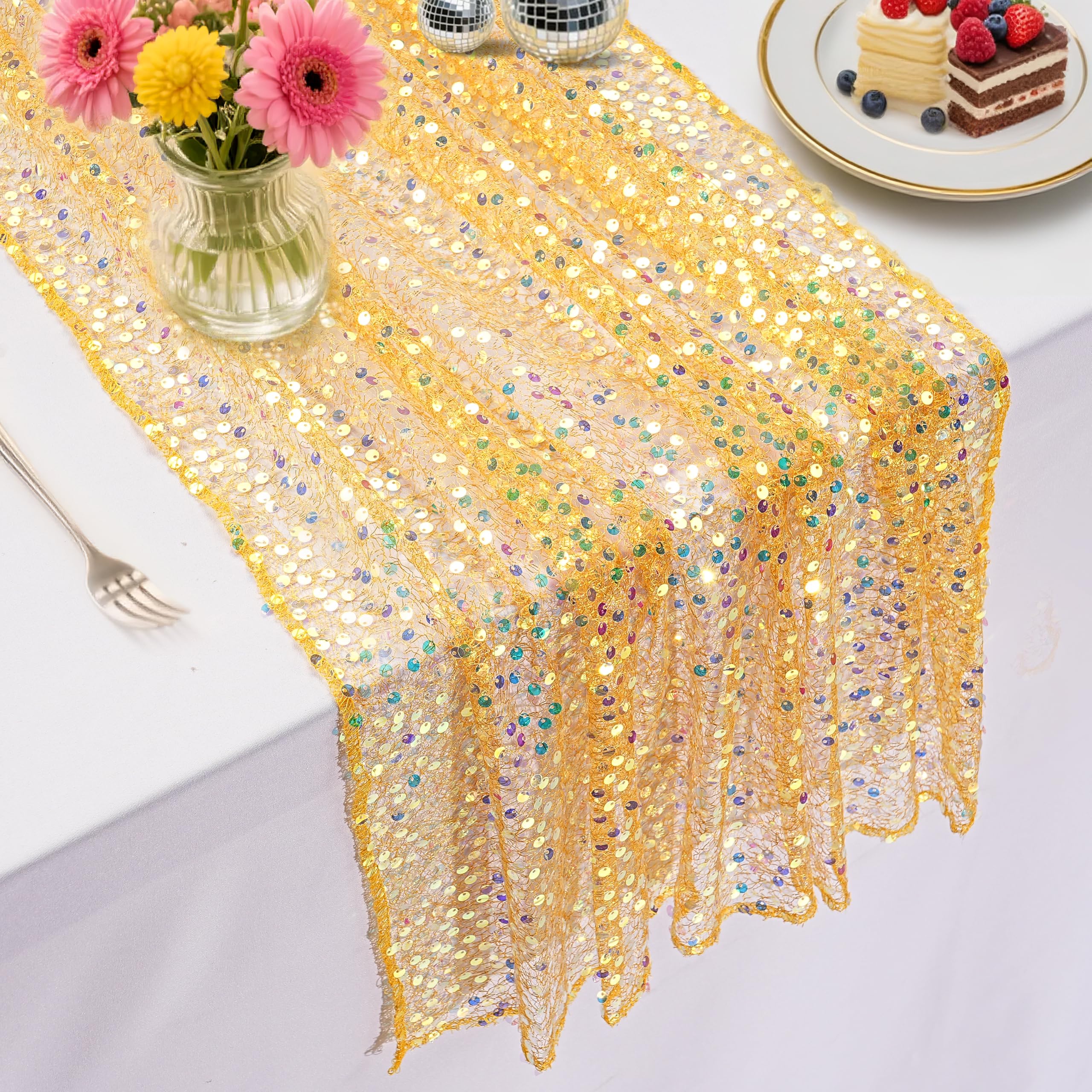 Gold Table Runner 25"x120" Iridescent Sequin Table Runner Sparkly Glitter Fabric for Wedding Birthday Party Thanksgiving Day Decorations โ image 1