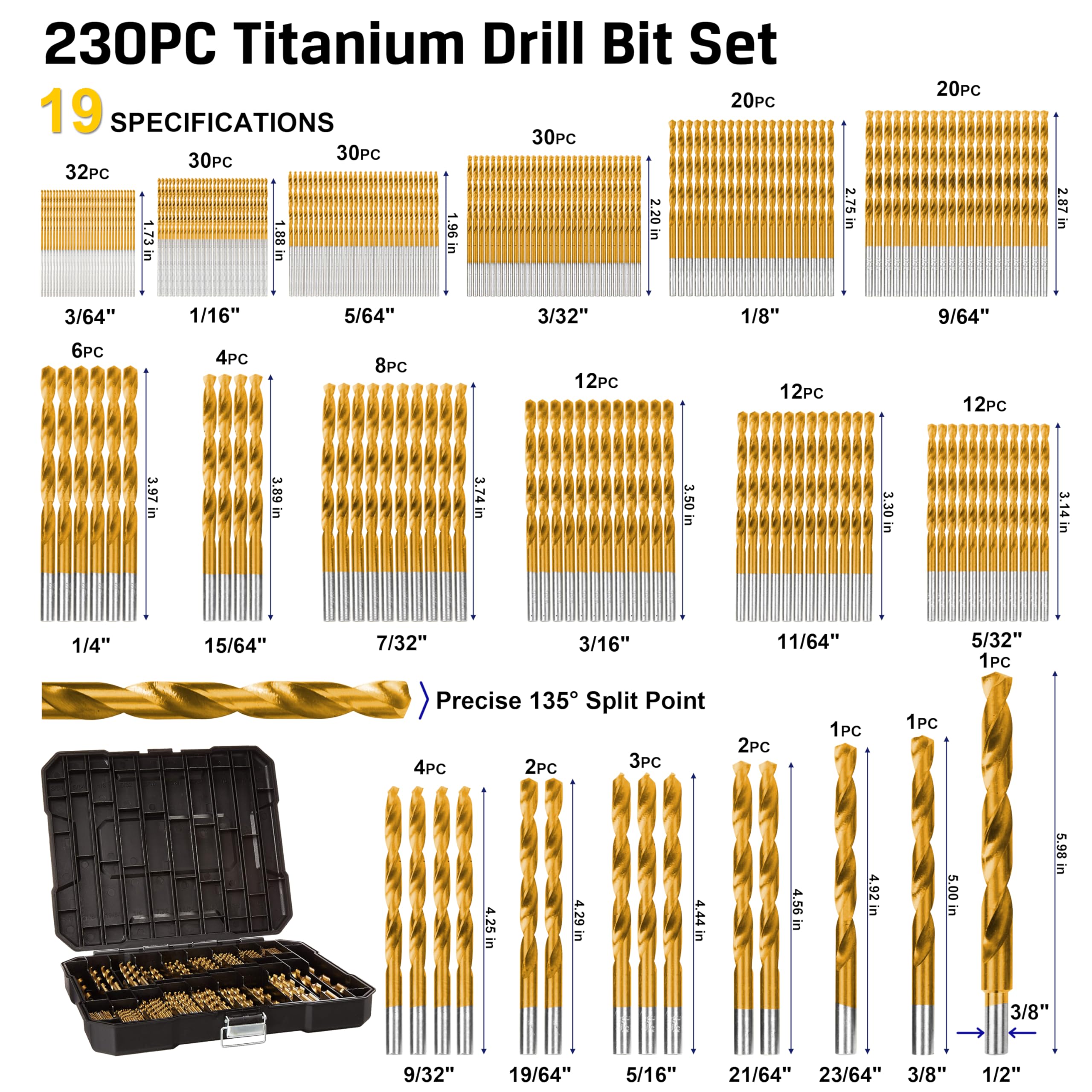 Juego de brocas de titanio de 230 piezas, juego de brocas, juego de brocas de acero de alta velocidad, herramienta de potencia para madera, metal, aleación de aluminio