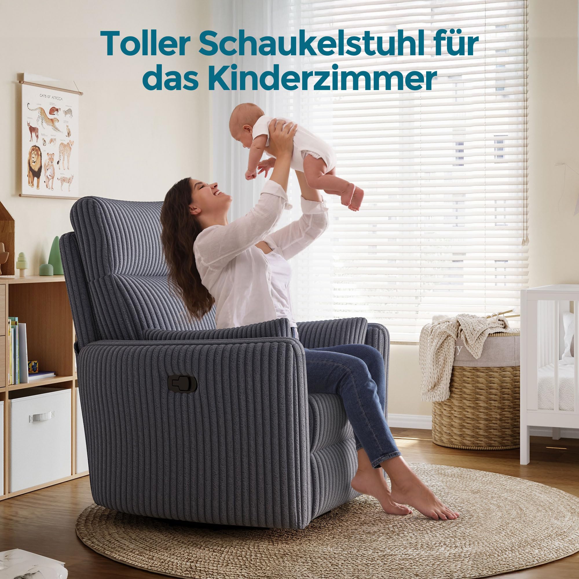 LINSY HOME 360 Swivel Nursery Relaxsessel, Corduroy TV Sessel mit 2 Kissen, Komfortabler High Back Sessel mit Liegefunktion für Kleine Räume, Kinderzimmer, Schlafzimmer, Wohnzimmer, Grau