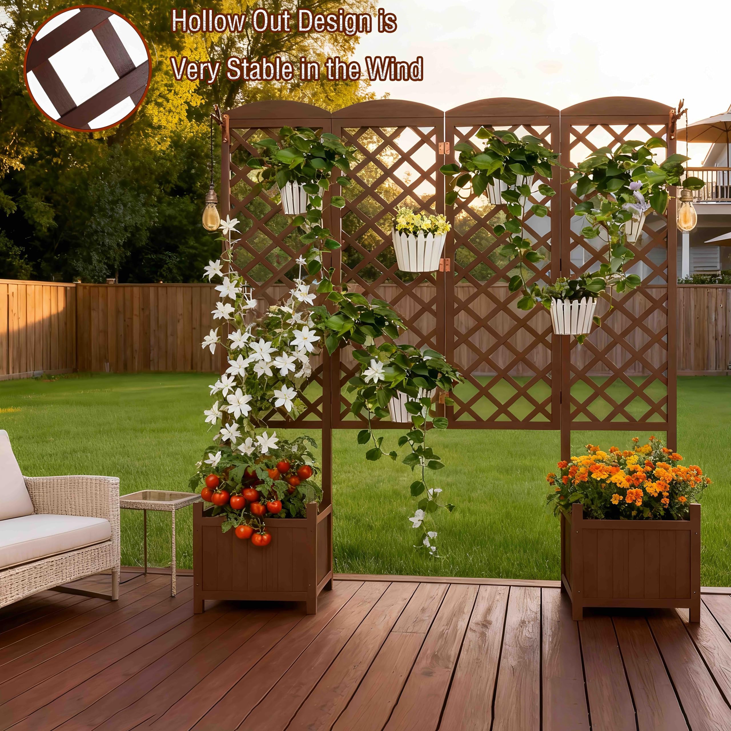 Vaso rialzato in abete impermeabile con traliccio per rampicanti 160x40,6x183 cm | Vaso da giardino schermo visivo con drenaggio | Modulare per piante rampicanti marrone scuro(Confezione da 2 pezzi)