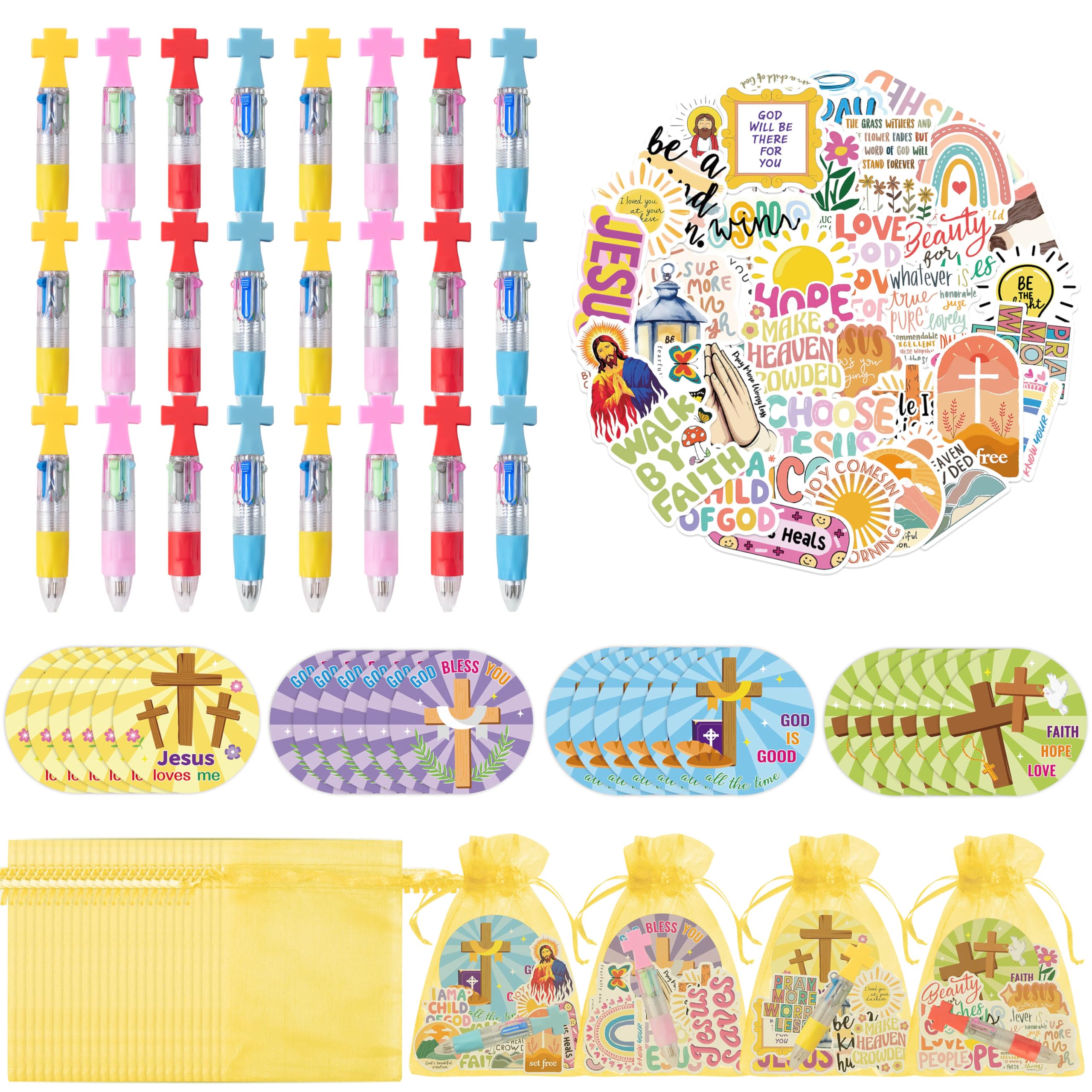 CY2SIDE Christian Cross Stationery Gift - 24 Pack Vacation Bible Stationery Party Gift Include 4-in-1 Ballpoint Pen Sticky Note Sticker and Religious Party Goodie Bag Fillers for Sunday School Rewards โ image 1