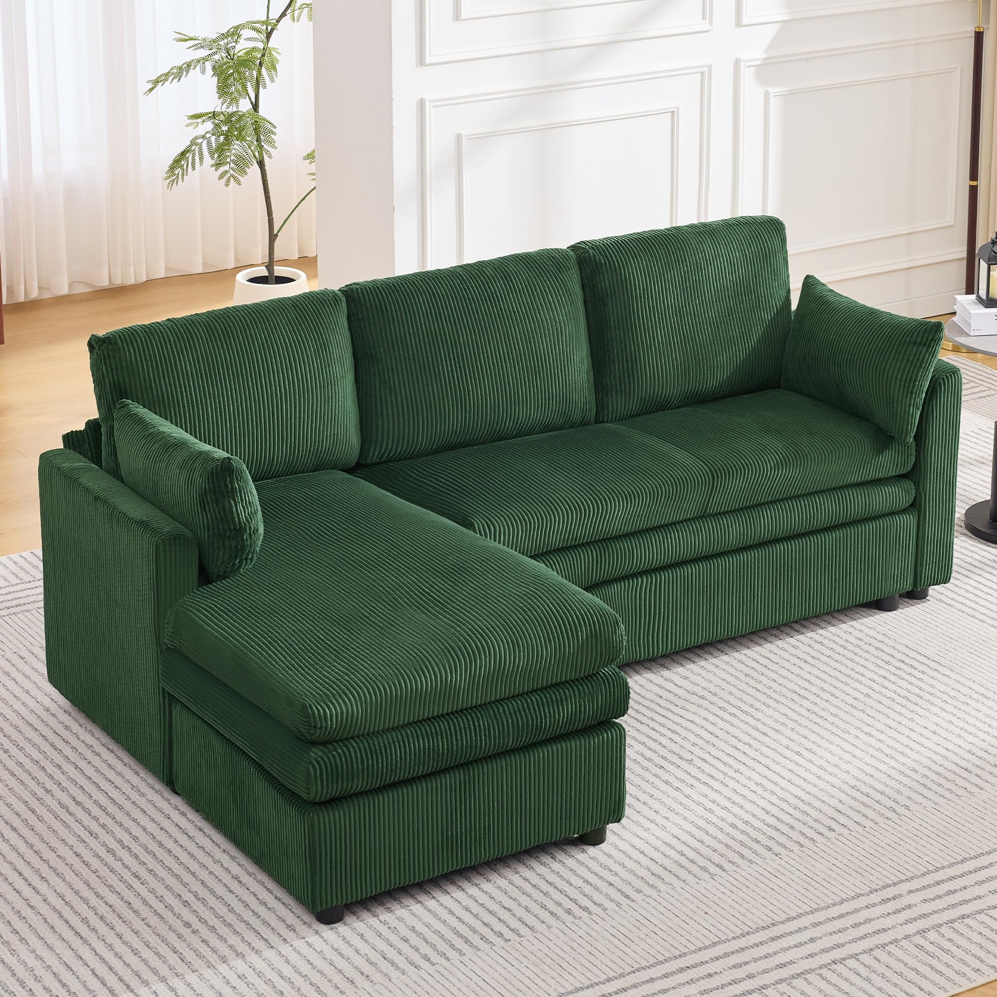 85" Sectional Couches with Left Chaise, Comfy Deep Dual-Layer Cushion Couch, 4 Seater L Shaped Couch, Modern Modular Sofa, Corduroy Sofas for Living Room, Apartment, Green