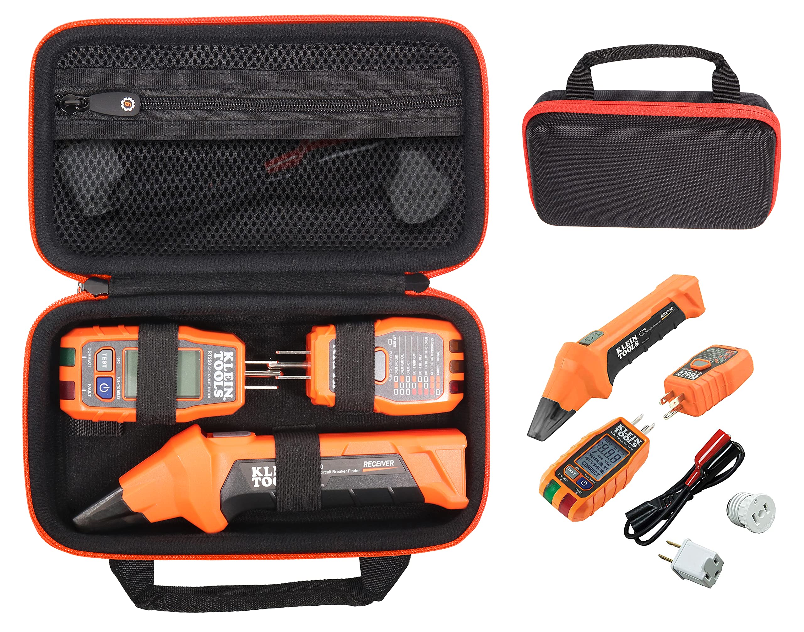 CaseSack case for Klein Tools 80016, ET310 AC Circuit Breaker Finder, Integrated GFCI Outlet Tester, RT310 Receptacle and Accessory Kit (Black with orange zipper)
