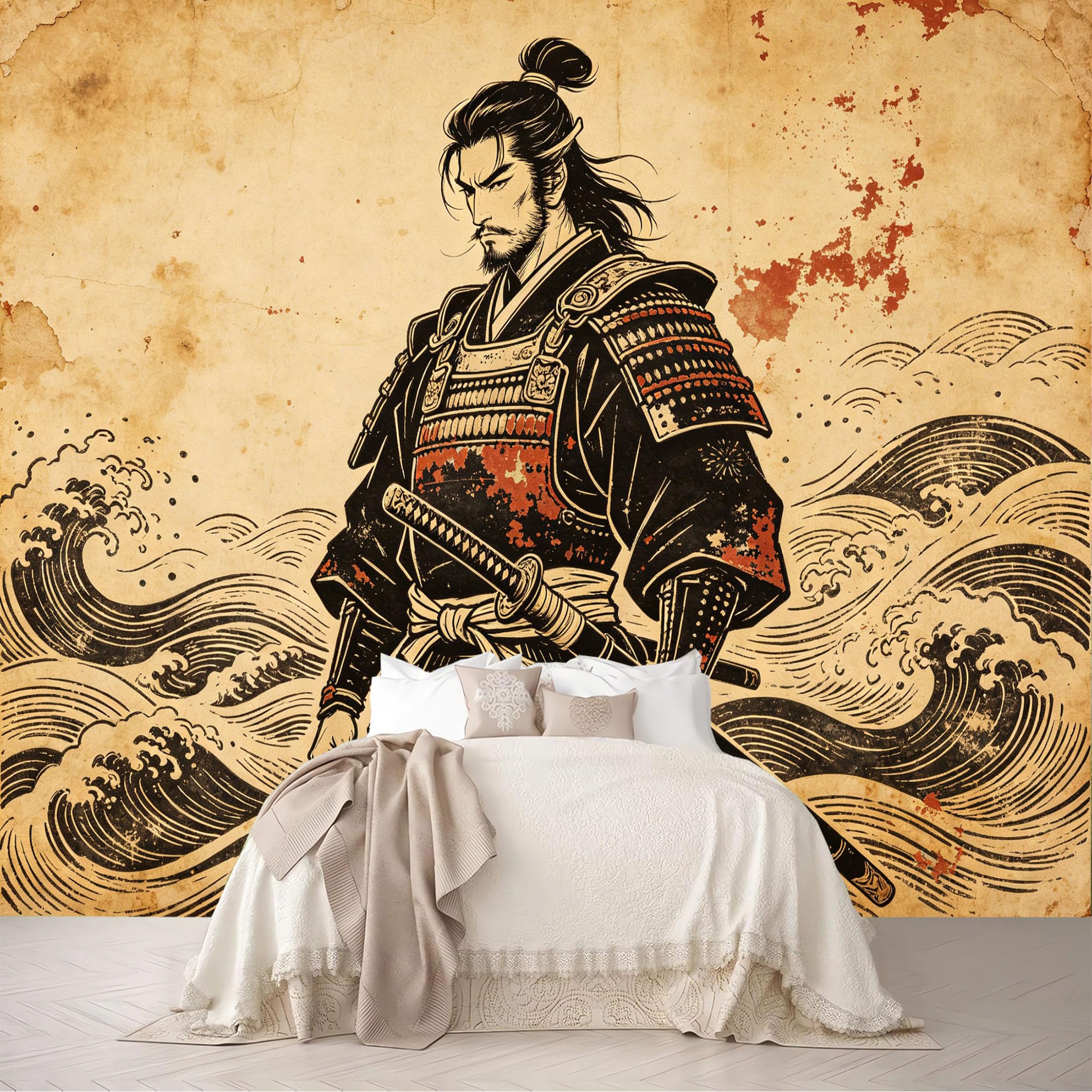 Custom Size Wall Murals Vintage Armor Samurai Wave Ukiyo-e Print Removable Self-Adhesive for Bedroom Living Room Dining Room