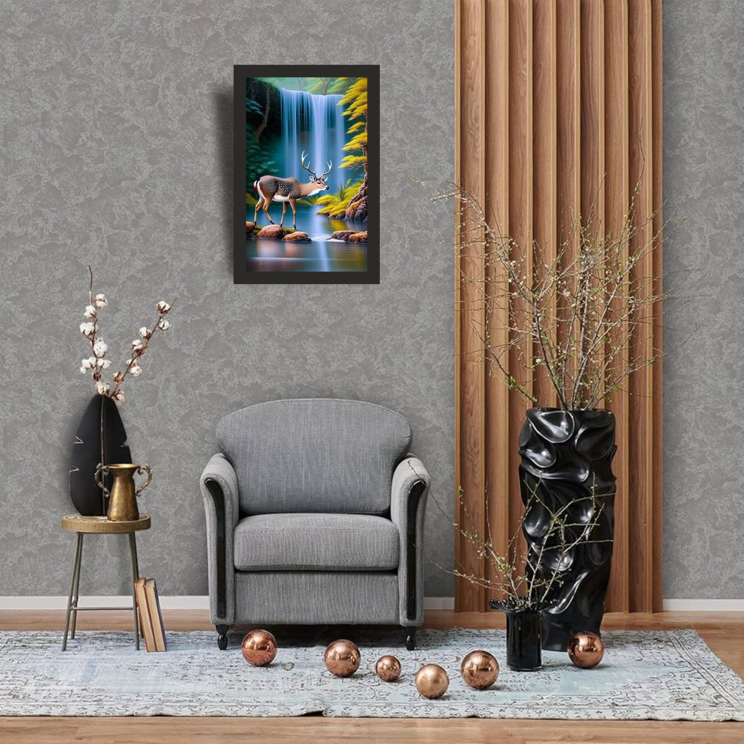 Deer by Waterfall Wall Art Frame 12x18 Inch