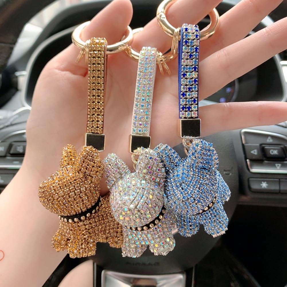 Puppy Car Keychain,Glitter Rhinestone Keychain Cute Cartoon Dog Pendant Charm Keyring Key Holder for Backpacks Handbag Purse Decoration,White