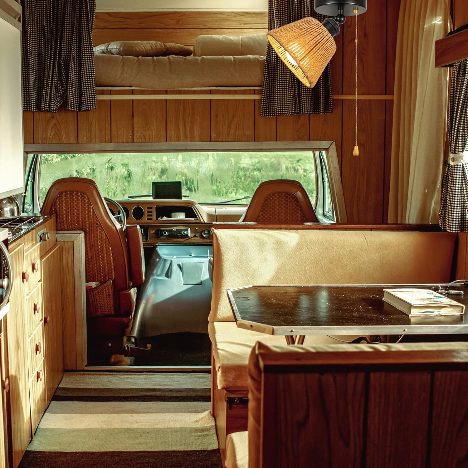 Adjustable Light, Zipper Switch 12V RV Industrial Natural Boho Wicker Hand Woven Rattan Cover, E26 Socket Semi Flush Mount Interior Lighting Decorative for Boat Camper Hallway