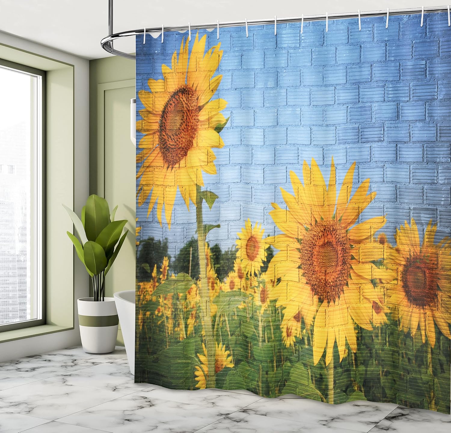 Ambesonne Brick Wall Shower Curtain, Sunflower Drawing on Wall Peaceful Habitat Meadow Valley in Rural Village, Cloth Fabric Bathroom Decor Set with Hooks, 69" W x 70" L, Yellow Green