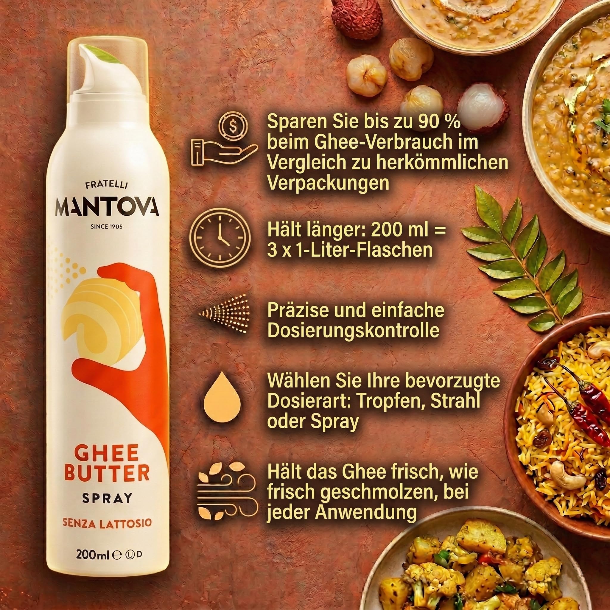 Mantova Ghee Butter Spray Family Pack 6 Flaschen à 200 ml, gesamt 1200 ml – 100% Natürlich, Leicht und Einfach – Spart bis zu 90% – Spray und Zerstäuber für Küche, Ofen, Pfanne – Geschenkidee