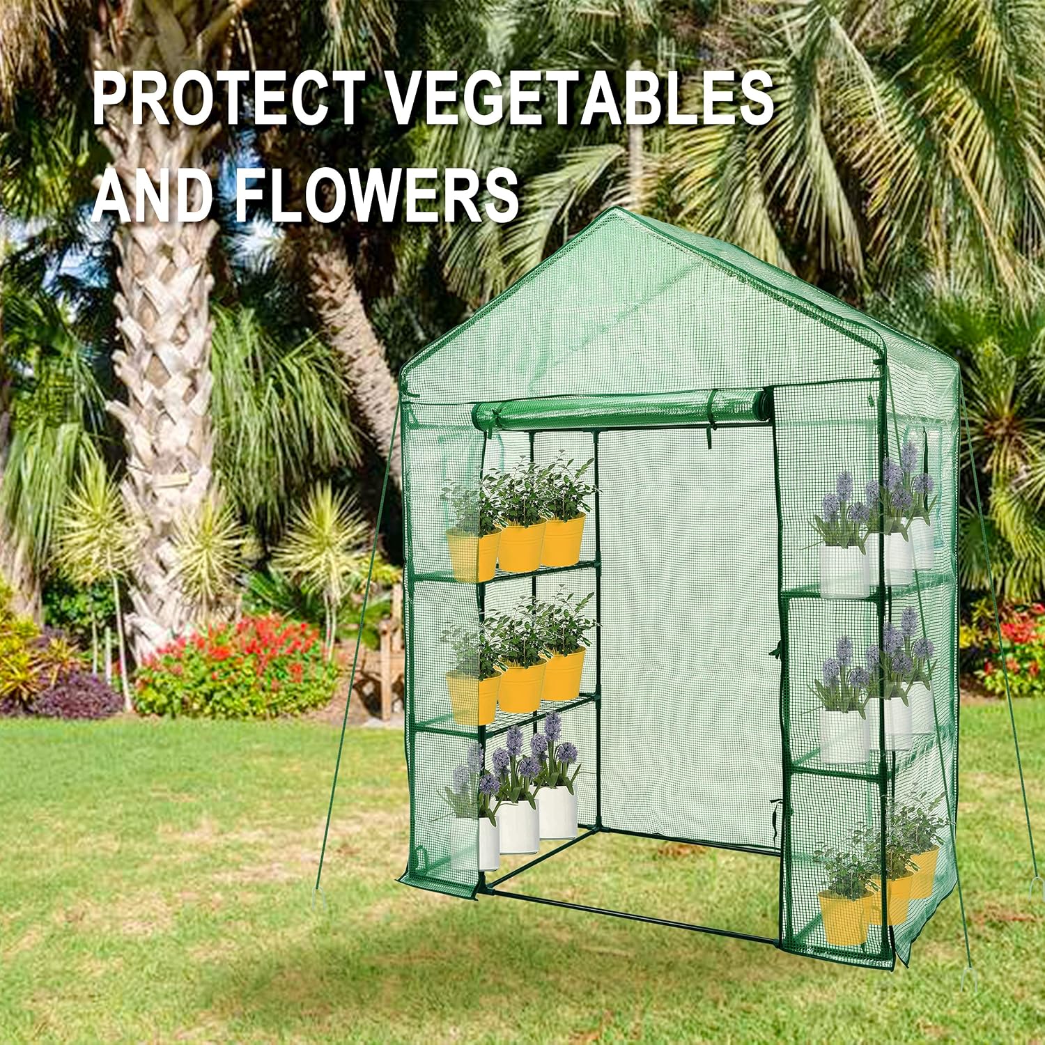 Greenhouse, Outdoor, Walk-in, 3 Tiers, 4 Shelves, Roll-up Zipper Door, Windows, Clear PVC, Steel Frame
