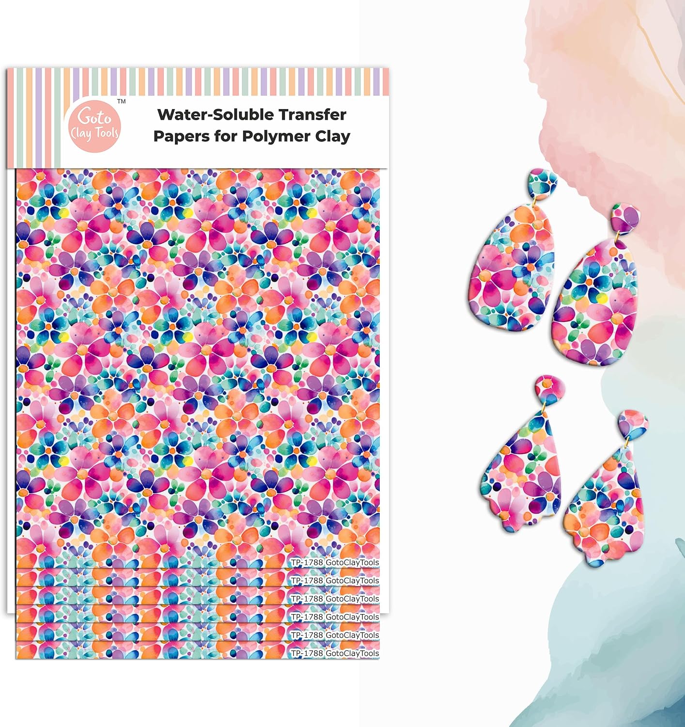 Colorful Flower Clay Transfer Paper – 6 Pcs Water-Soluble Polymer Clay Transfer Sheets, Watercolor Floral Designs for Jewelry Making & DIY Crafts