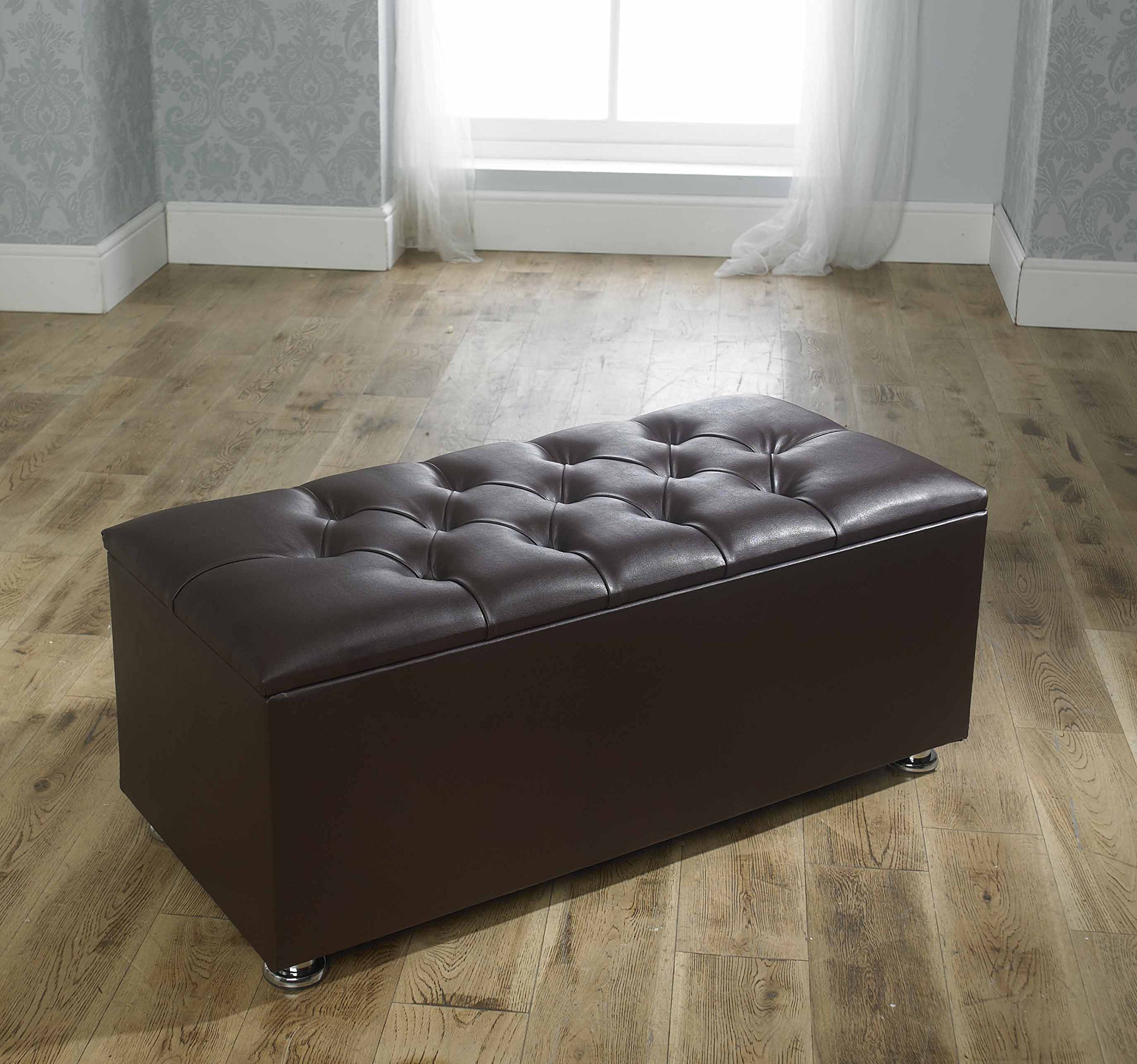 CROWN FAUX LEATHER DIAMANTE OTTOMAN TOY STORAGE BLANKET BOX (BROWN)
