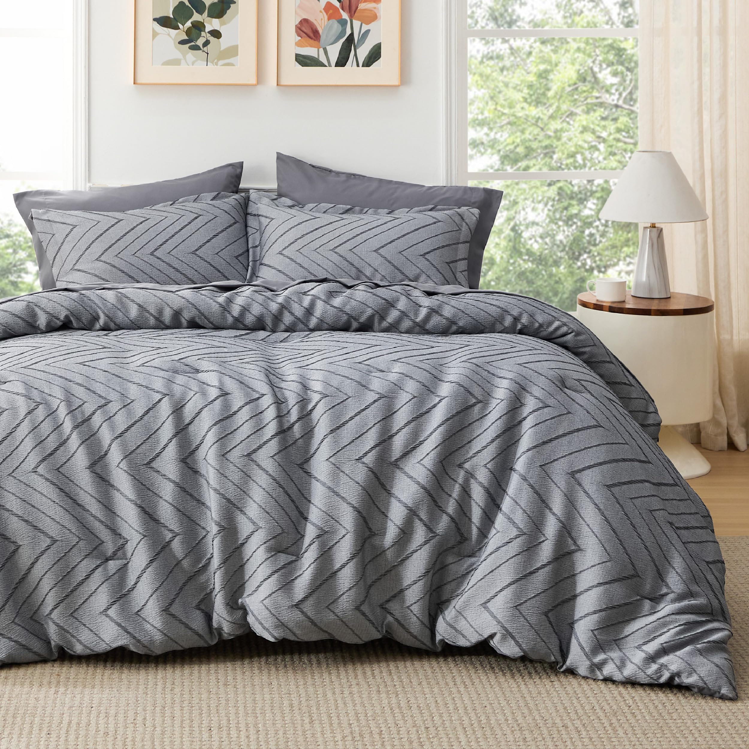 Bedsure Boho Queen Size Comforter Set - 7 Piece Jacquard Crease Bedding Set, Bed in a Bag with 1 Comforter, 1 Flat Sheet, 1 Fitted Sheet, 2 Pillowcases & 2 Shams, Dark Grey Bedding Comforter Set