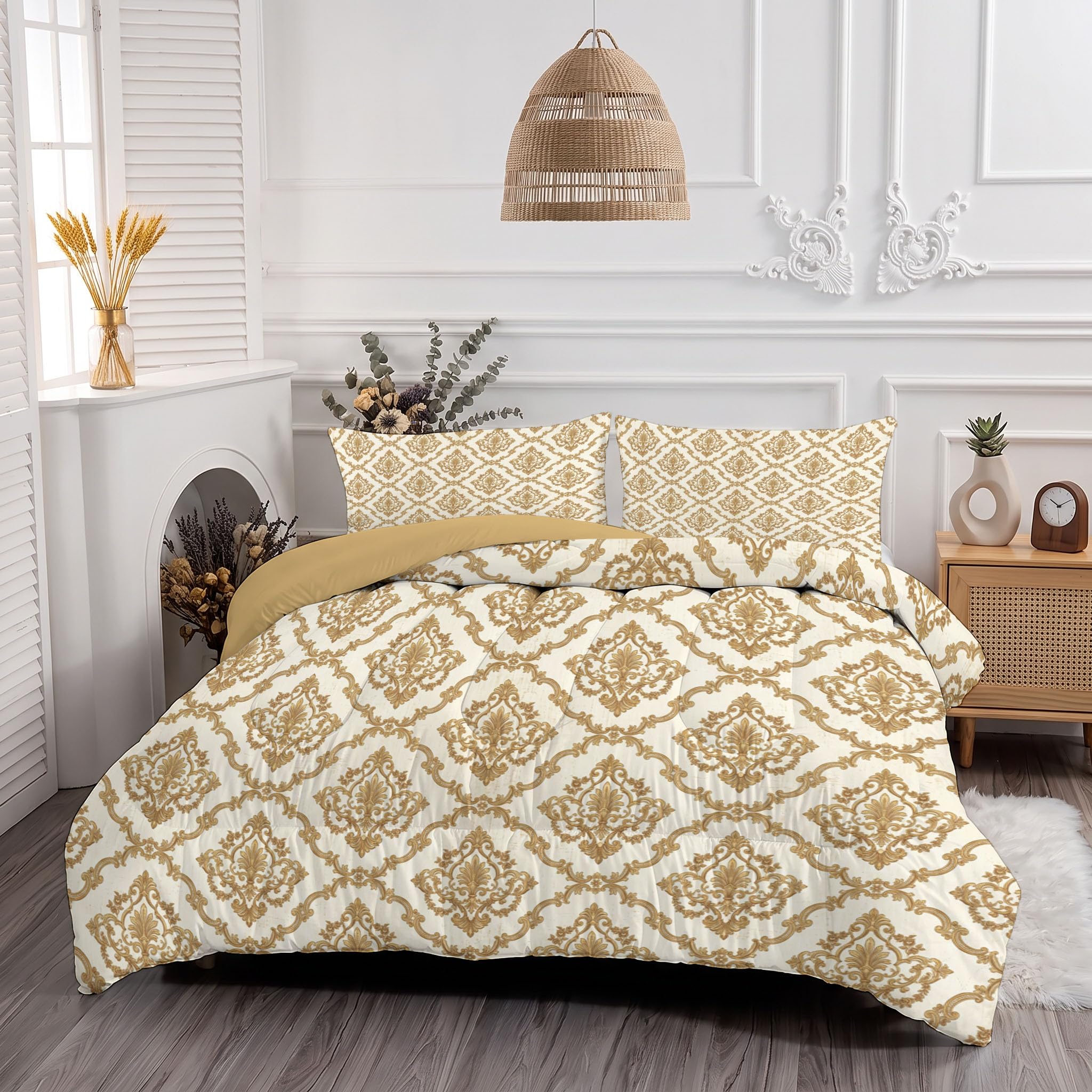 Copriletto Trapuntato Per Bambini Con Fiori Damascena Classici | Trapunta Singolo Invernale, Oro, Piumone Caldo Morbido Geometria Barocca Di Lusso Per Decorazione Camera Da Letto