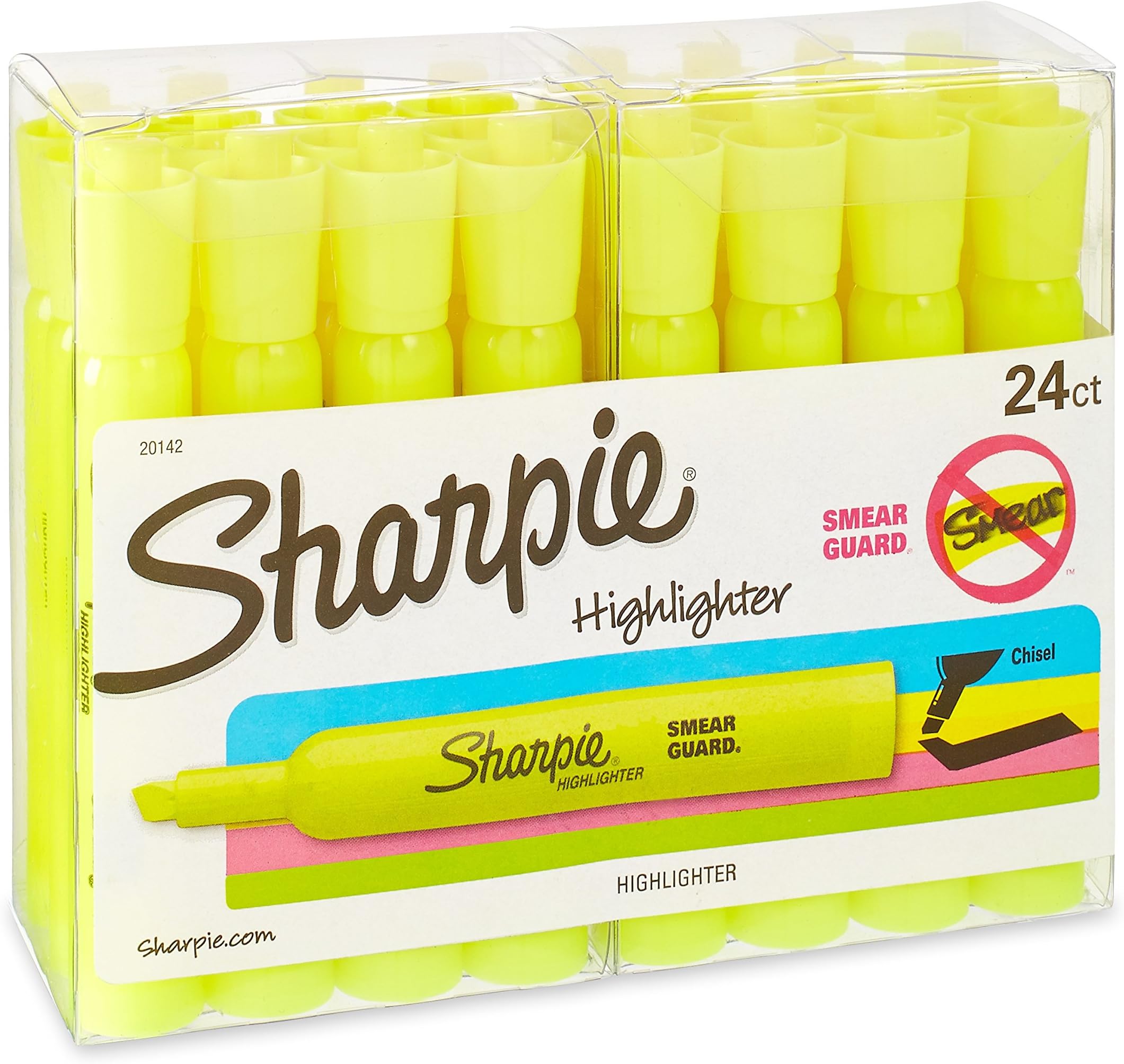 Sharpie Tank Style Highlighters, Chisel Tip, Fluorescent Yellow, 24 Count