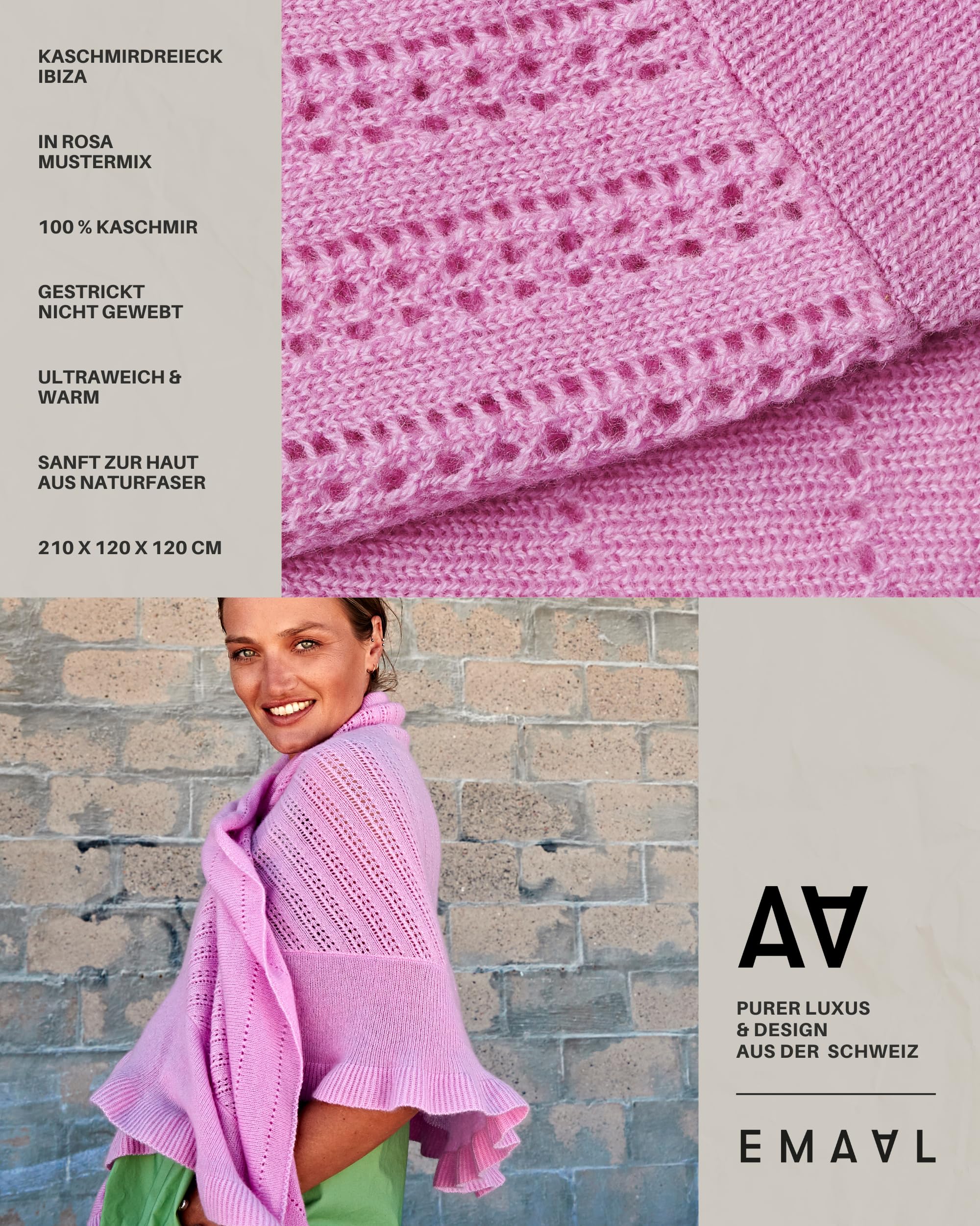EMAAL 100% Kaschmir Dreieck Schal Ibiza, 3 Farben, Gestrickt, 210x120x120cm, Damen/Herren, Design aus der Schweiz, als Geschenk, Stola, elegantes Accessoire, kuschelig, nachhaltig, langlebig