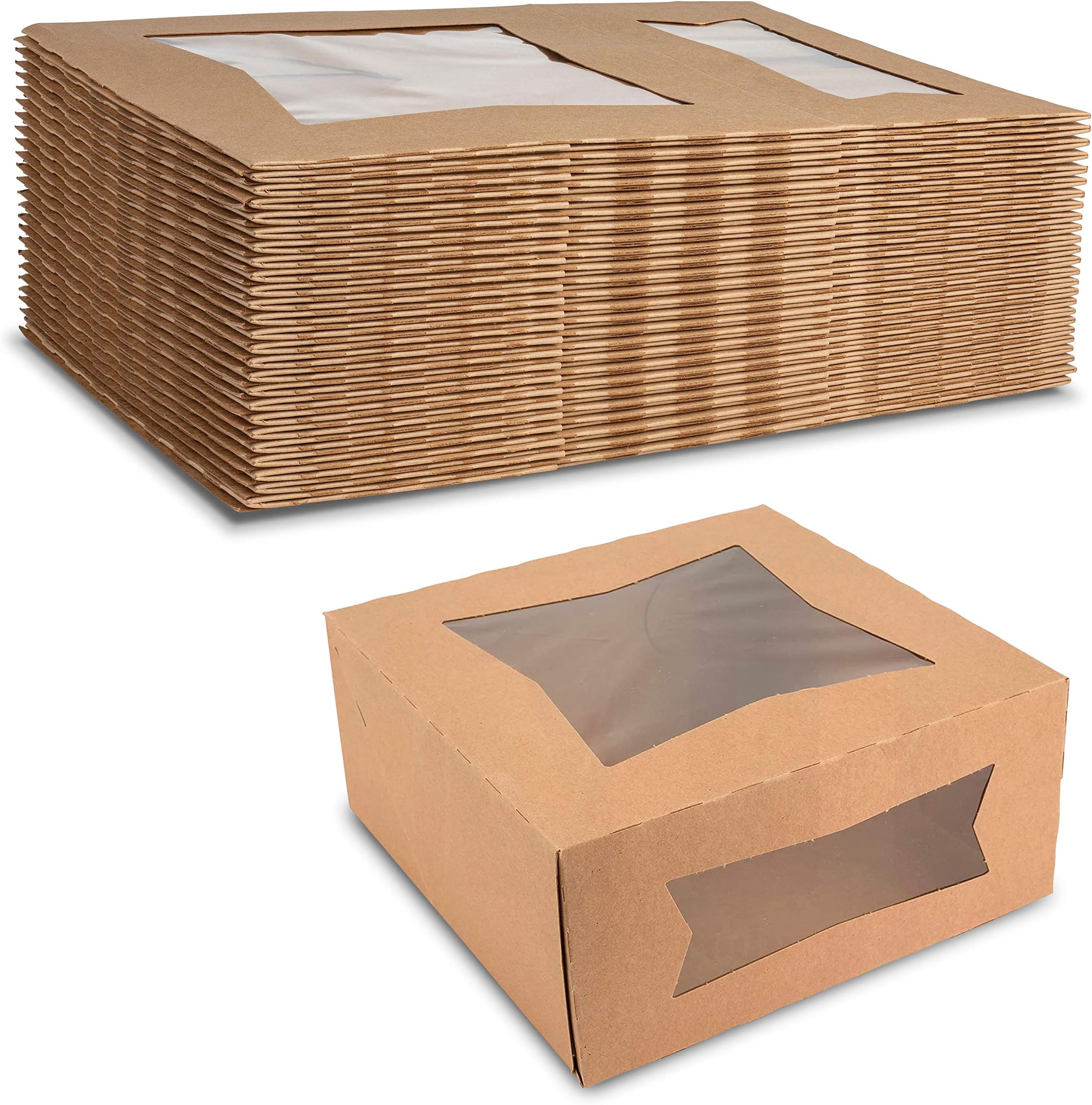 MT Products Kraft Bakery Boxes with Window - Size of 8" x 8" x 4” - (25 Pieces) Auto Pop-Up Cupcake Boxes with Window - to Keeps Donuts, Cookies, and Muffins Safe - Made in the USA