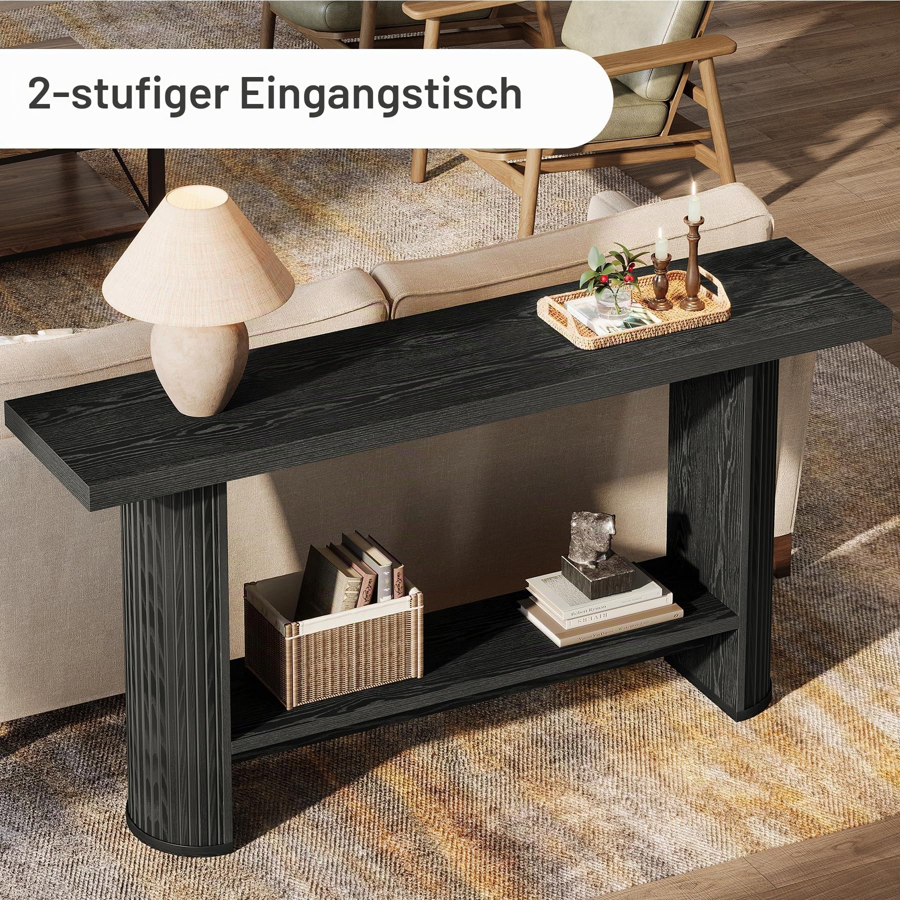 Tribesigns Moderner Konsolentisch, Schmaler Flurtisch Sofatisch mit 2 Ablage, 140 x 30 x 80 cm, Konsolentisch Holz Hinter der Couch für Wohnzimmer, Flur, Eingang, Schwarz