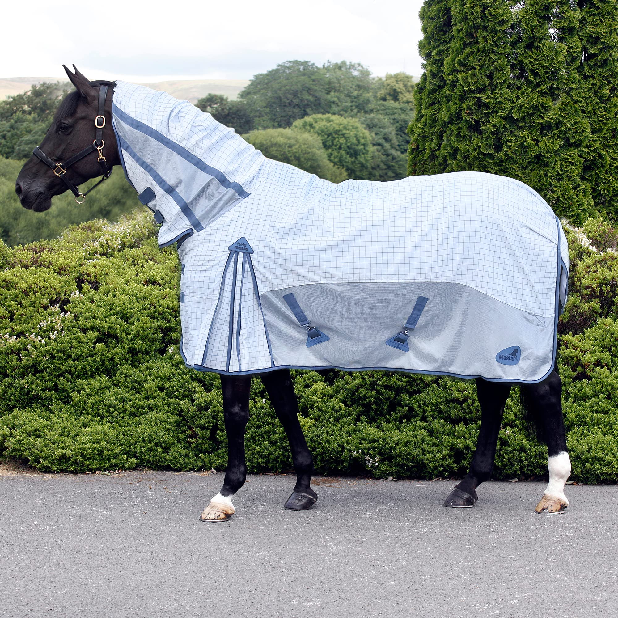 Masta Horse Fly Rug with Neck Combo - Summer Sheet Fieldmasta Rugs for Horses, 600D Ripstop Upper Section Fabric, Anti-Rub Lining, Insects Flies Bug Protection - Silver, Size 5ft 9inch