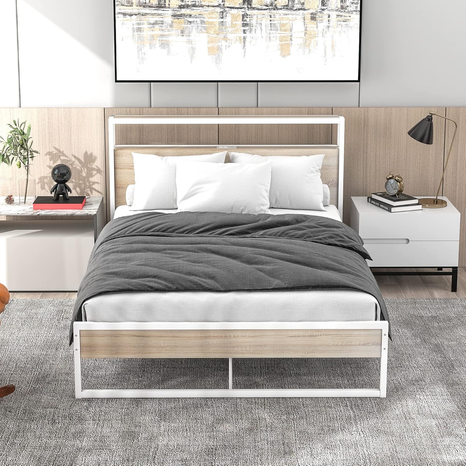 Full Size Bed Frame with Modern Wooden Headboard/Heavy Duty