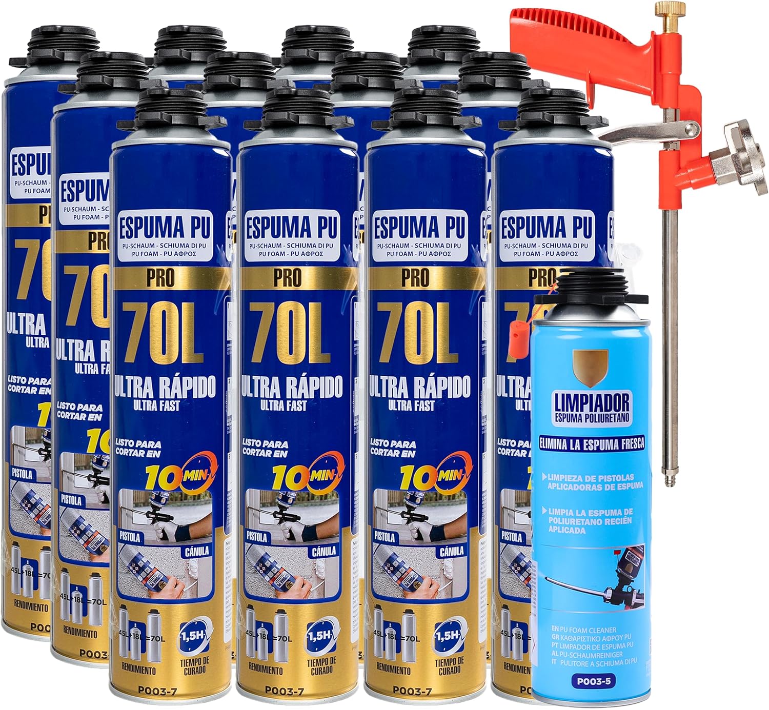 Polyurethane Foam Kit 70L Ultra Fast – 12 x 750 ml Bottles + Applicator Gun + Cleaner 500 ml, Expansive Foam for Sealing and Insulation