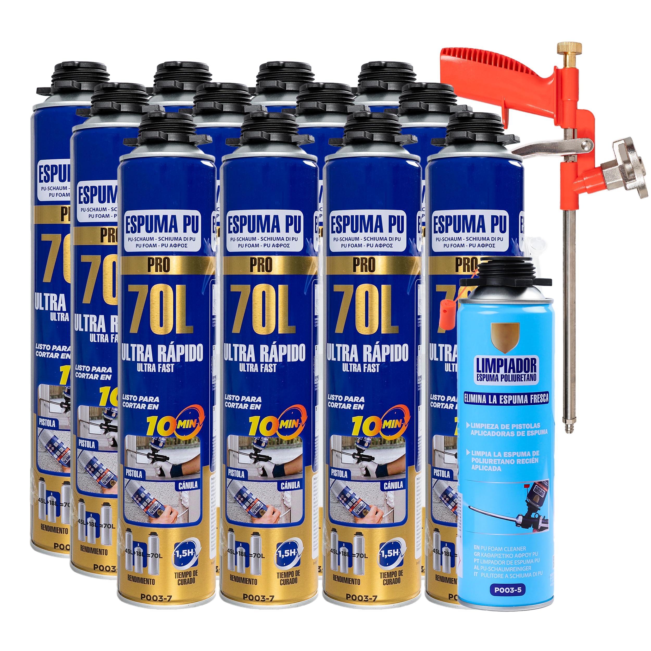 Etrexonline Kit Espuma de Poliuretano 70L Ultra Rápida – 12 Botes de 750ml + Pistola Aplicadora + Limpiador 500ml, Espuma Expansiva para Sellado y Aislamiento