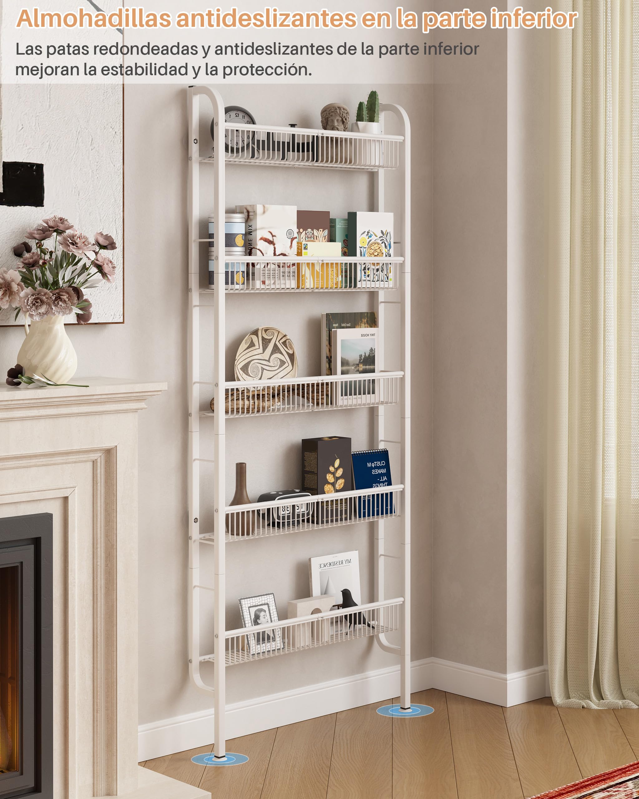 UMDONX Estante de Pared 5 Niveles, Estante Estrecho para Libros y Decoración, Organizador Multifuncional de Metal para Espacios Pequeños, Blanco