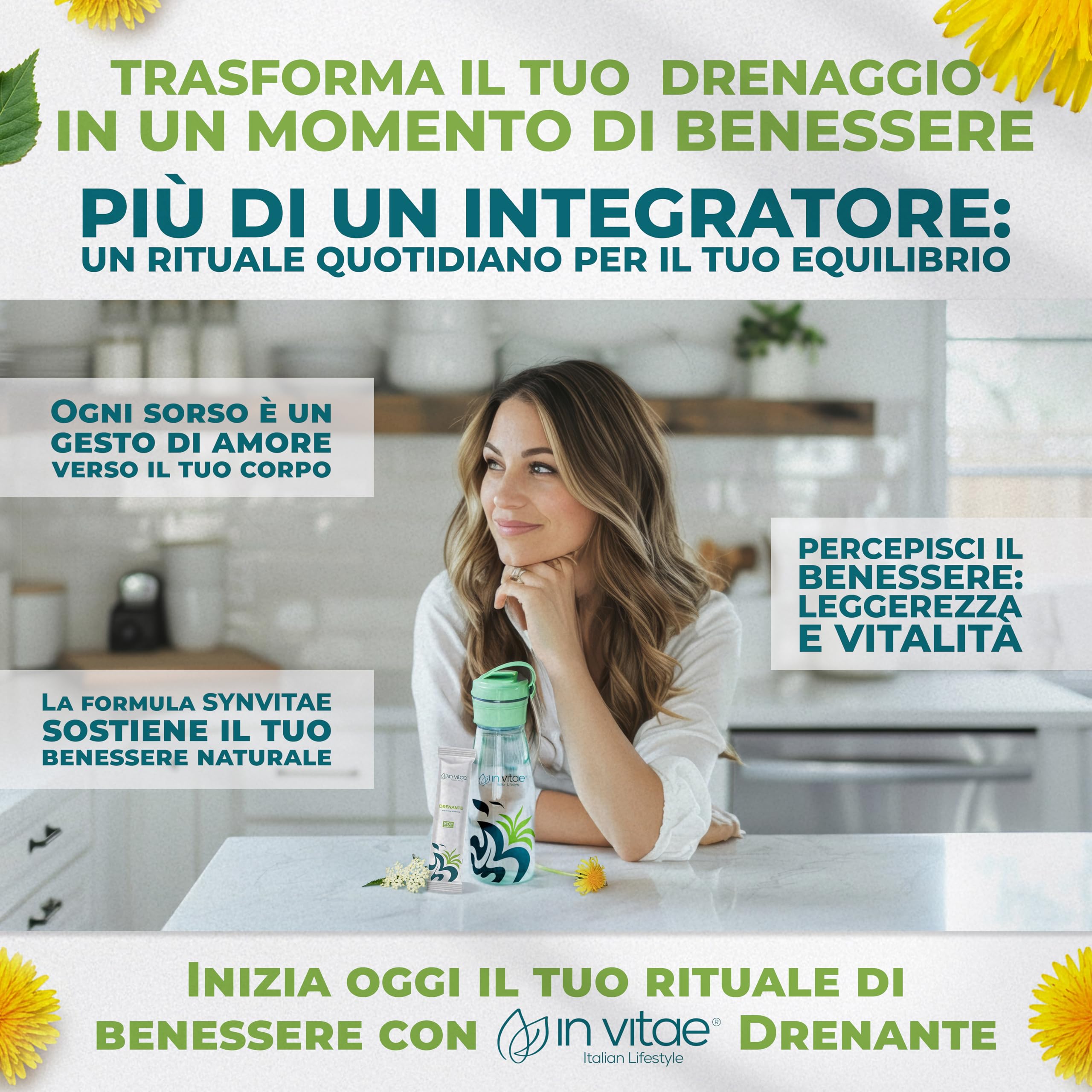 IN VITAE Drenante Forte - Integratore con Aloe, Tarassaco, Betulla, Carciofo e Sambuco - Supporto al Drenaggio dei Liquidi Corporei e Funzioni Depurative - 20 Stick Gel - Made in Italy