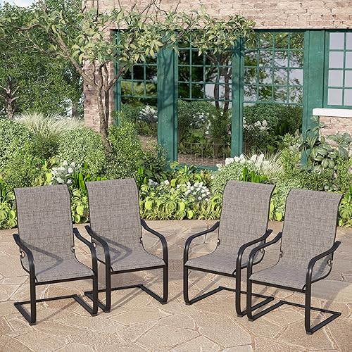 PHI VILLA Outdoor C-Spring Dining Chairs Set of 4, Patio Sling High Back Springy Chairs with Padded Textilene Fabric & Black Metal Frame, Durable and Strong for Patio, Porch, Deck, Yard