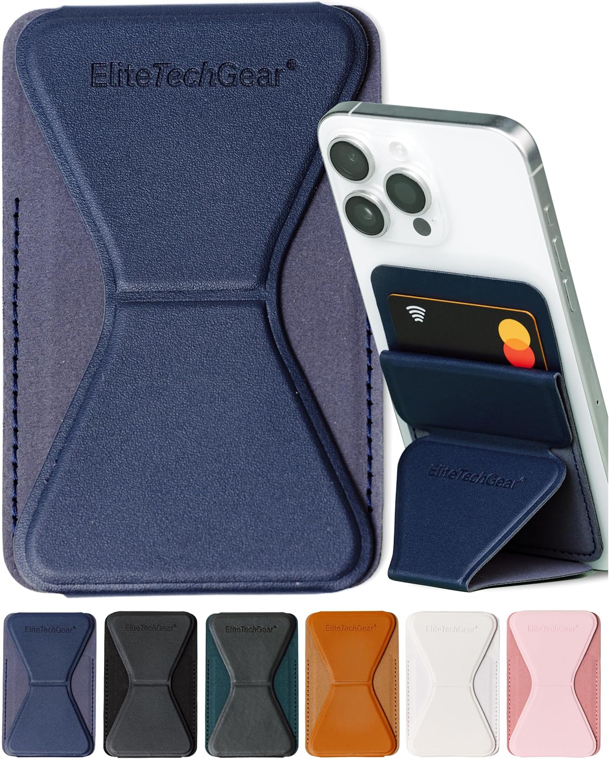 elite tech gear secure phone card holder with adjustable stand, adhesive phone case wallet for cards - vegan leather (dark blue)