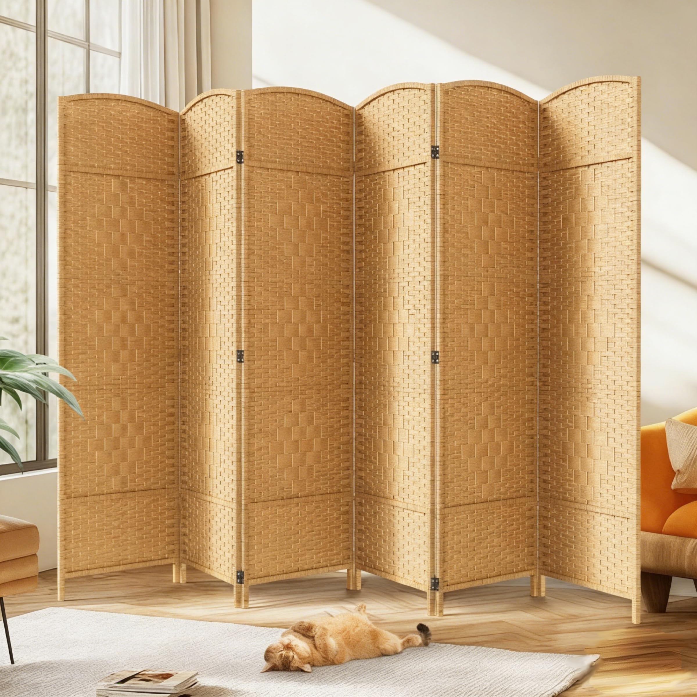 JOSTYLE Room Divider 6ft. Tall Extra Room Partitions and Dividers, 6-Panel Folding Privacy Screens with Diamond Double-Weave, Freestanding Wall Divider for Room Separation, Yellow, 70.9" H x 119" W