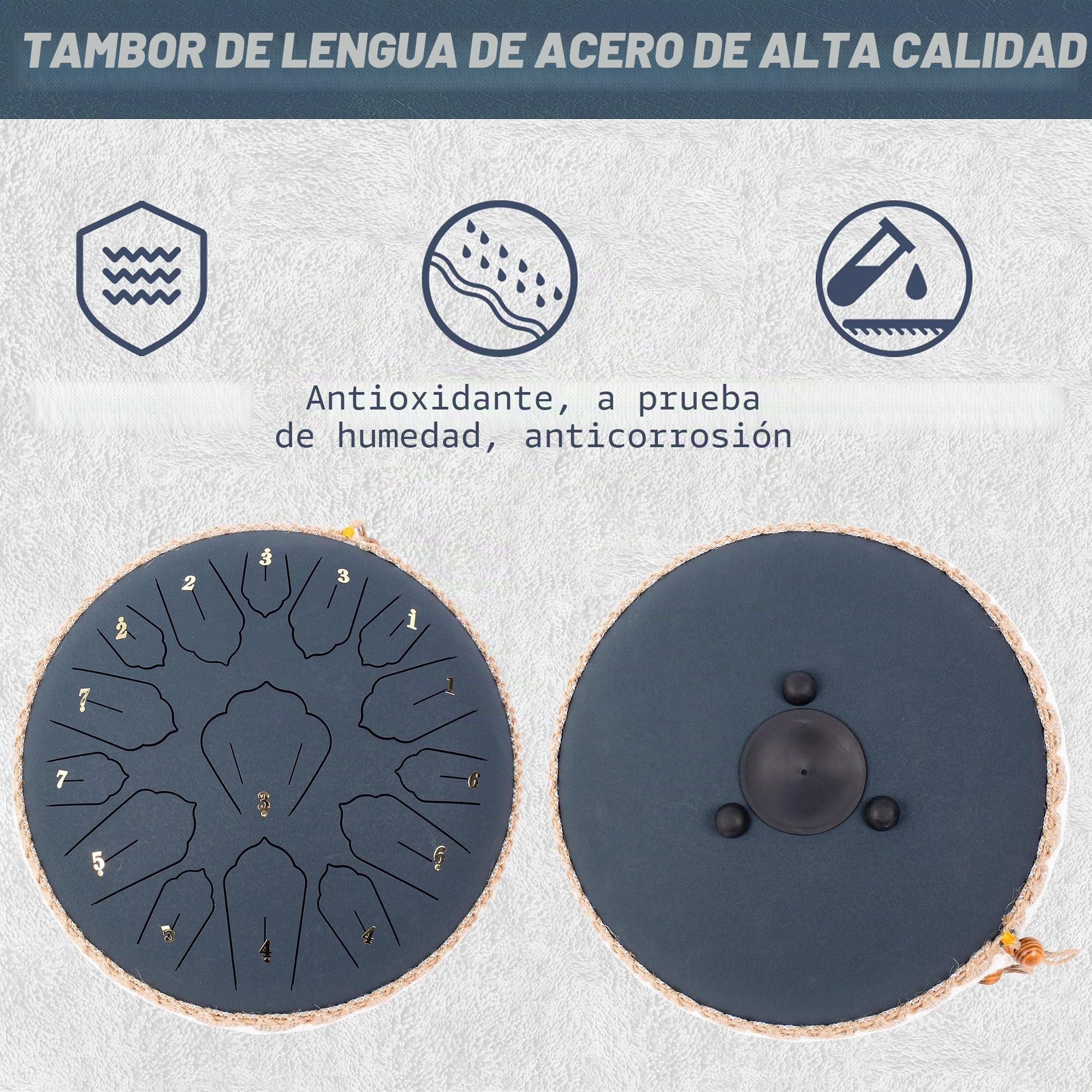 Steel Tongue Drum C Mayor, 12 Pulgadas 30 cm 15 Notas Handpan con Baquetas, Funda Protectora y Partituras Musicales, Tambor Percusion La Meditación y el Yoga, Azul Marino
