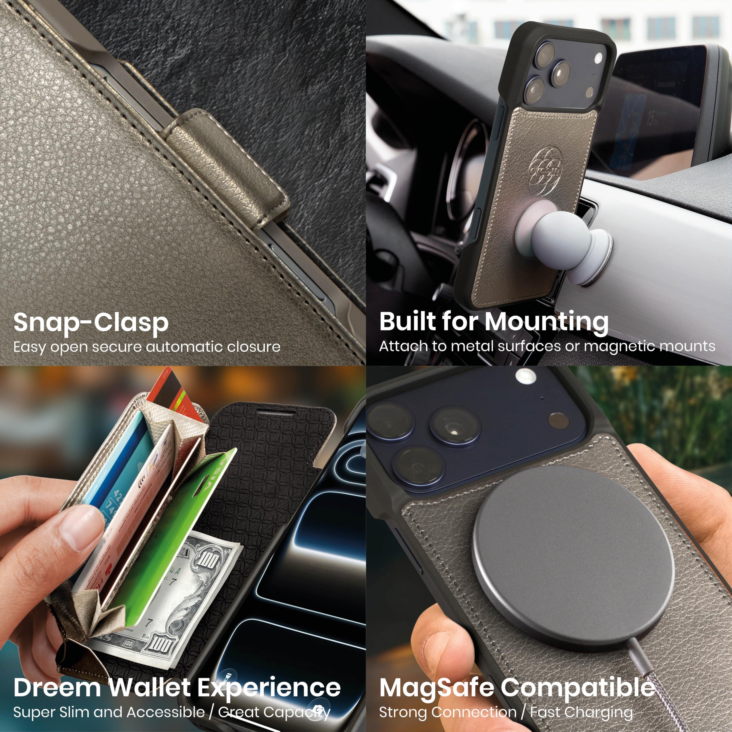 dreem Wallet Case for iPhone 17 Pro Max, Revolutionary Vert/Hor Phone Stand, Magnetic Detachable Vegan Leather Flip Cover RFID Blocking Card Holder, MagSafe-Fit, Gift Box [Fibonacci: Metal] — view 6