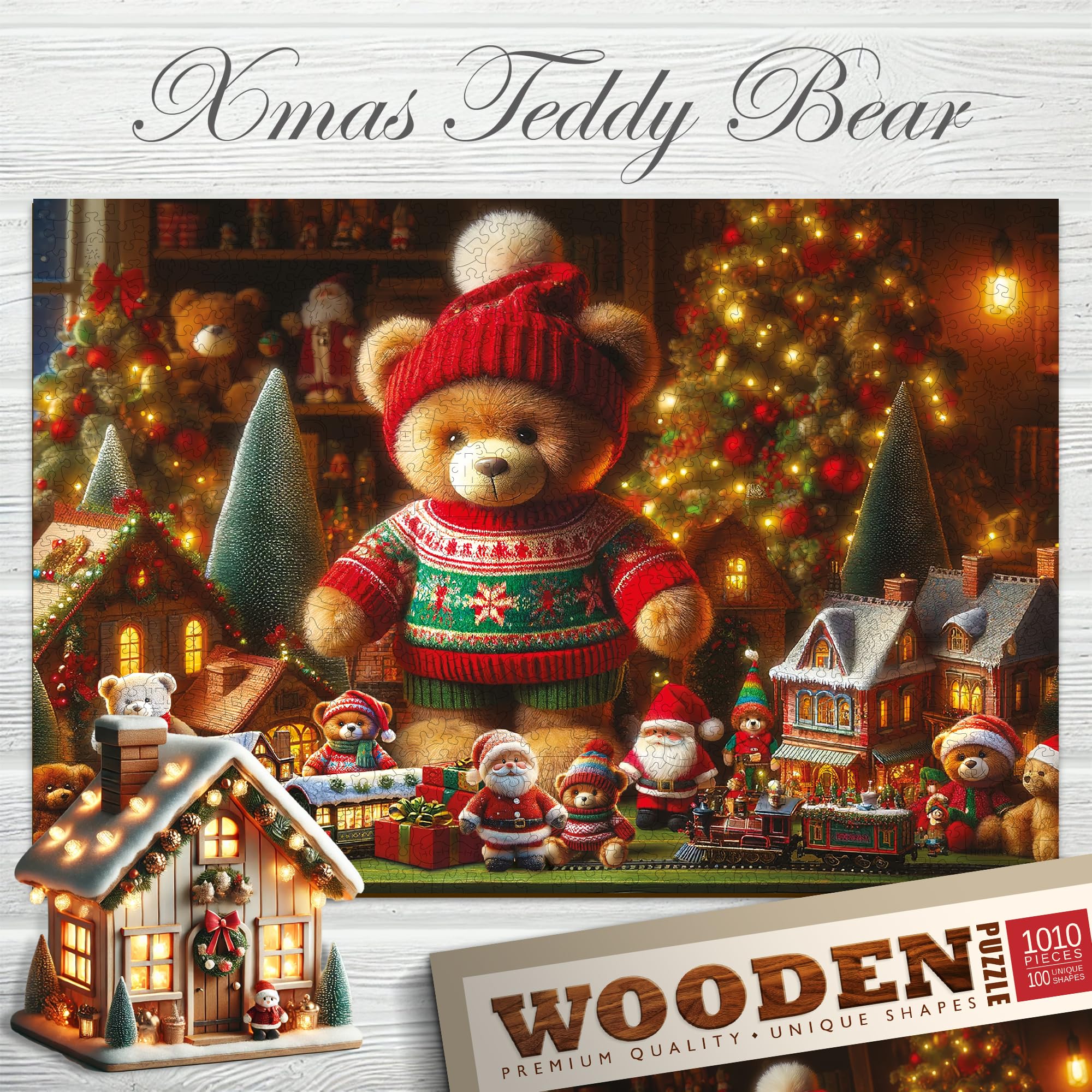 WOODEN.CITY Drewniane puzzle bożonarodzeniowe, 1000 elementów, świąteczny miś, ze 100 unikalnymi figurkami o tematyce świątecznej, wyprodukowano w UE, idealne do rodzinnej zabawy i świątecznego