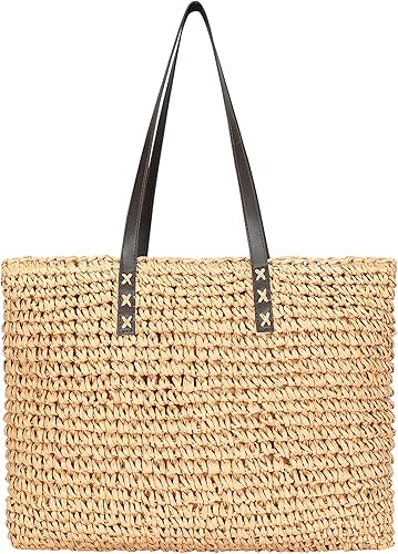 VODIU Bolsos de hombro de paja para mujer, bolso de verano para playa, viaje, gran capacidad, asa de piel sintética, bolsa de comprador