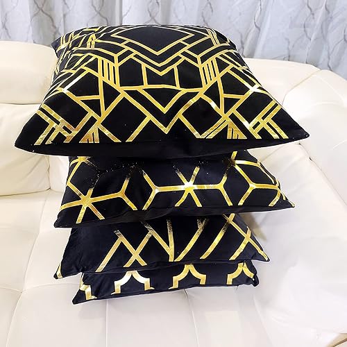 Miniatura 9 de Fundas de almohada decorativas  Juego de 4 almohadas de terciopelo negro y dorado suave de 18 x 18 pulgadas, fundas de cojín geométricas cuadradas
