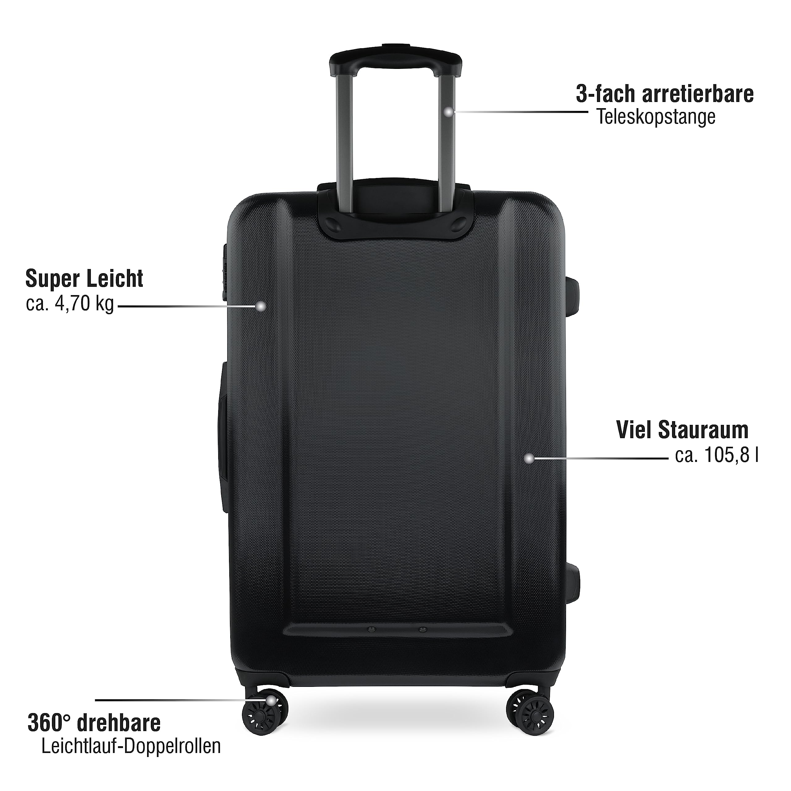 bugatti Lima twarda walizka L – 77,5 x 52 x 31,5 cm – 91,7 l – 4 kółka z zamkiem TSA – Czarna
