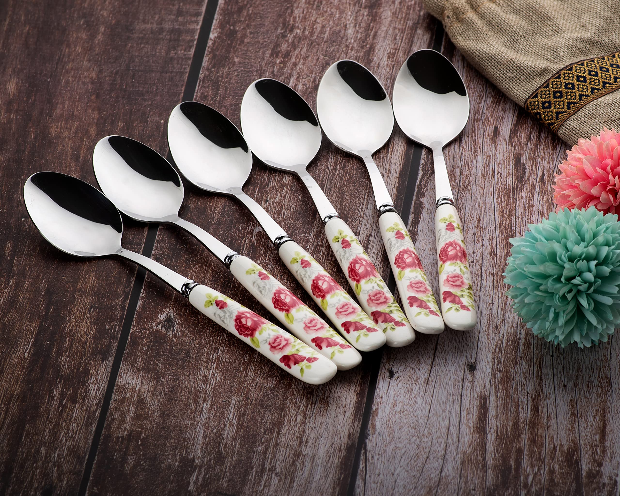 MGeezz Floral Stainless Steel Spoon Set For Home Kitchen & Restaurant Cutlery Dinner Table Bouillon Spoon With Ceramic Handle Tableware Spoon For Serving Salad Fruit Spoon (Small Spoon Set of 6),40 Mm 3
