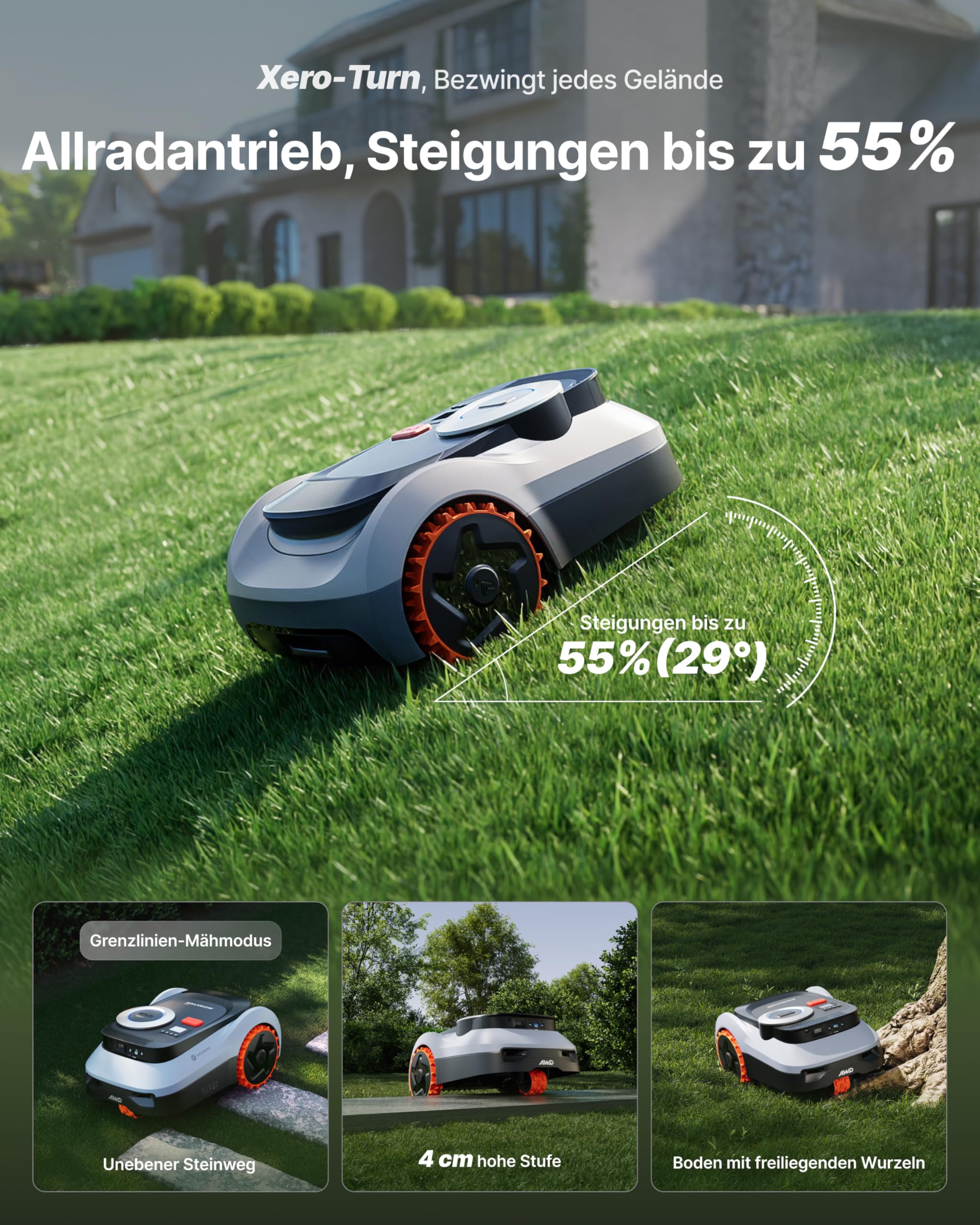 Segway Navimow i210 LiDAR Pro Mähroboter Garage M Klingensätze 48 Stück 1000 m² LiDAR Vision NRTK Tri-Fusion Xero-Turn AWD 55% Steigungen Auto-Kartierung