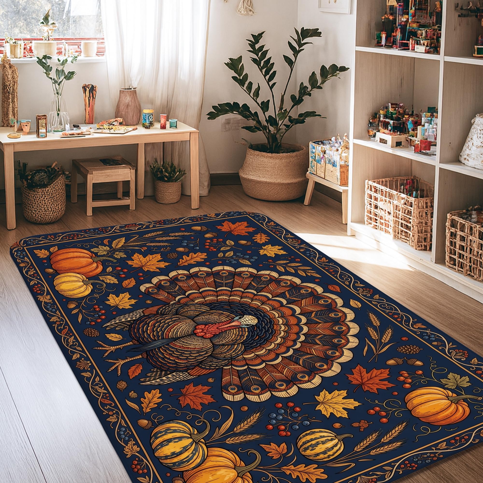 Alfombra de pavo estética de diseño rústico otoñal en azul marino rectangular para dormitorio